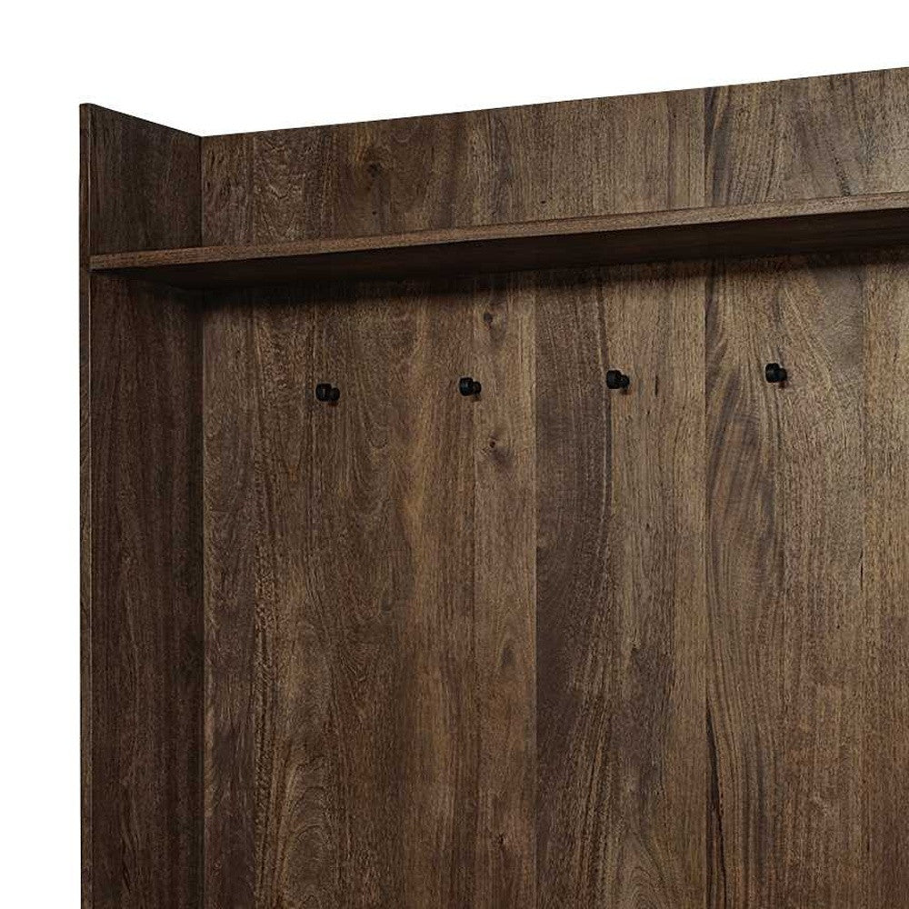 Brown Wood Cream Fabric Wrapped Seat Hall Tree With Storage-Coat Hangers-DECOROLALA