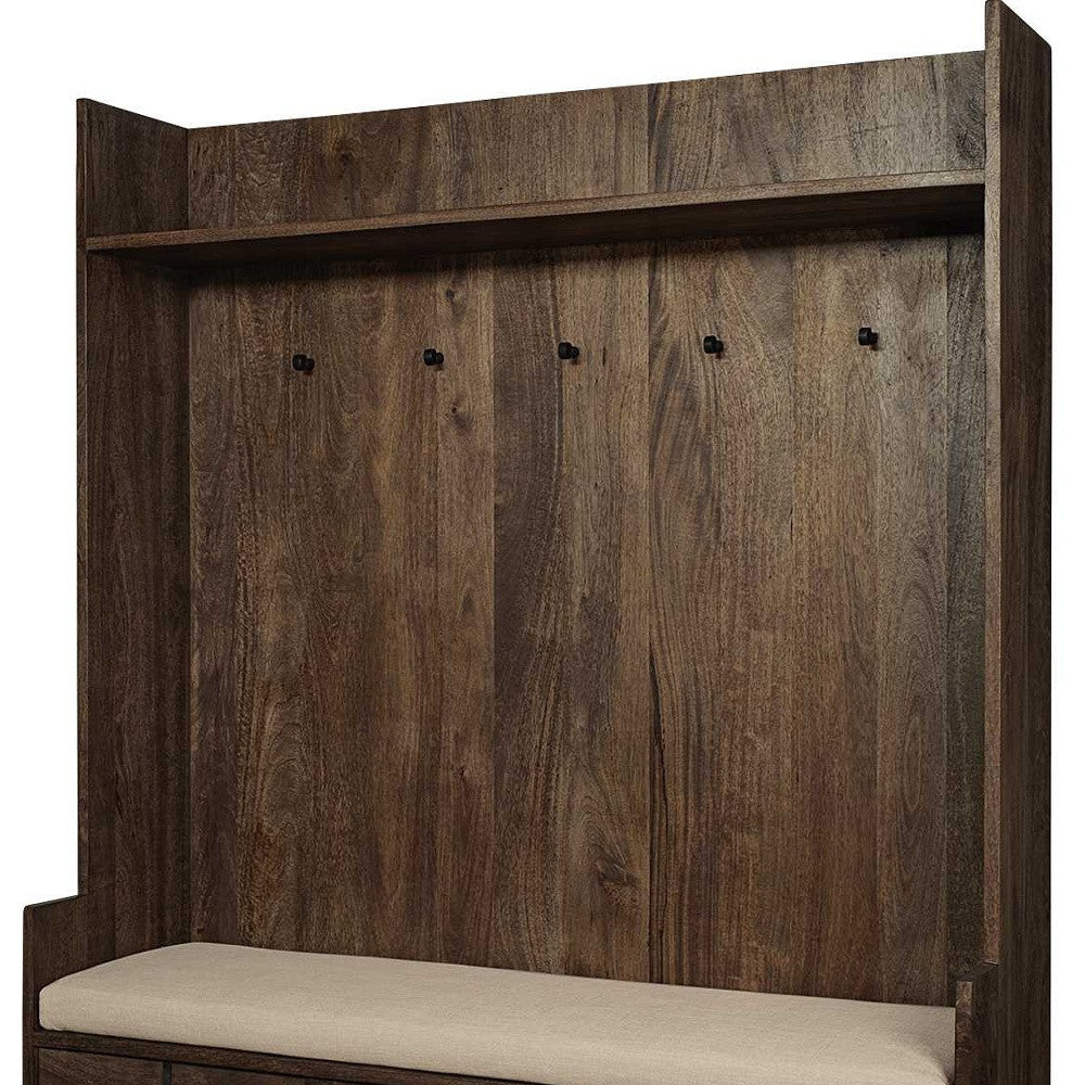 Brown Wood Cream Fabric Wrapped Seat Hall Tree With Storage-Coat Hangers-DECOROLALA