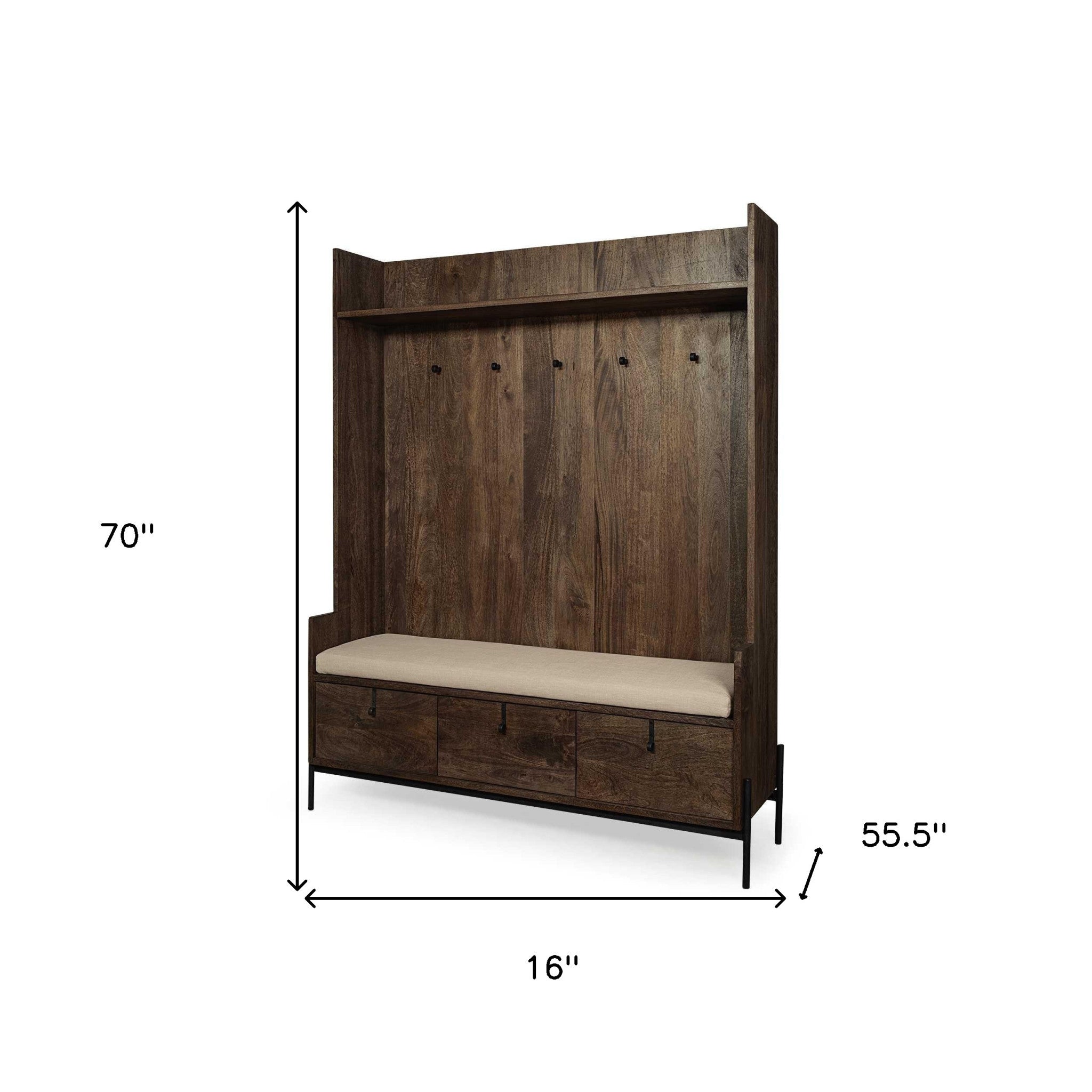 Brown Wood Cream Fabric Wrapped Seat Hall Tree With Storage-Coat Hangers-DECOROLALA