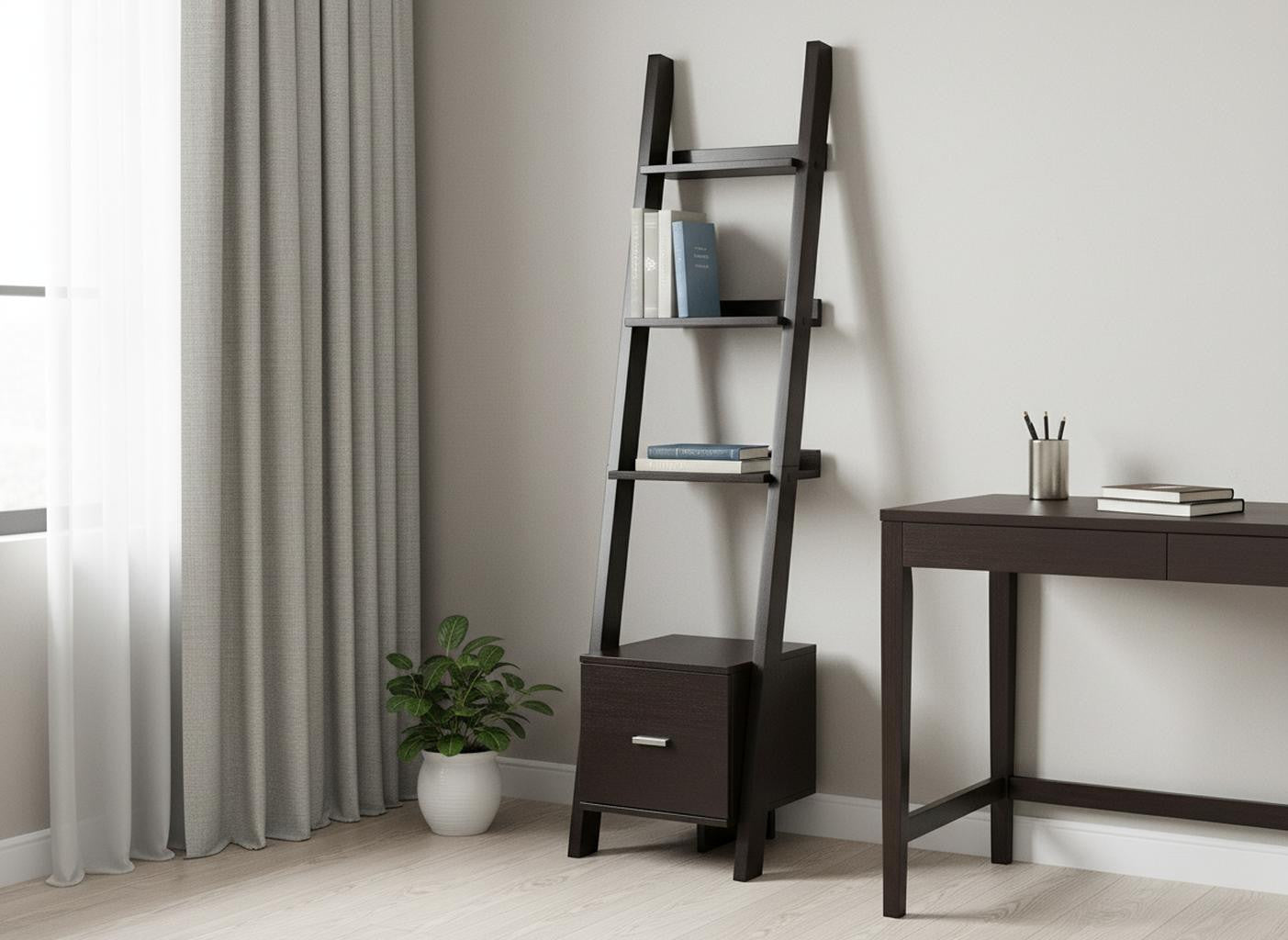Brown Wood Four Tier Ladder Bookcase-Bookcases-DECOROLALA
