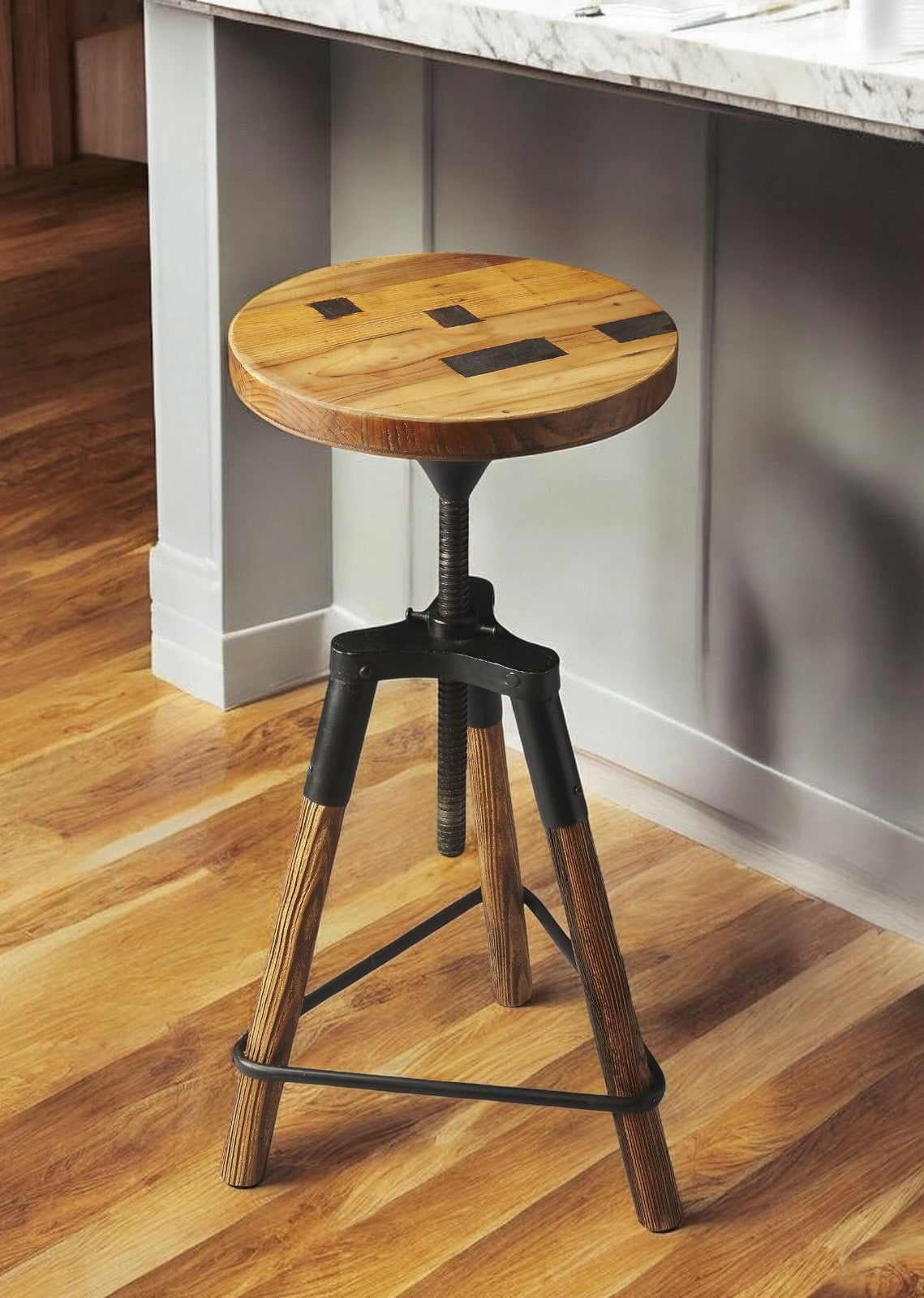 Brown and Black Manufactured Wood and Iron Backless Counter Height Swivel Bar Chair-Bar Chairs-DECOROLALA