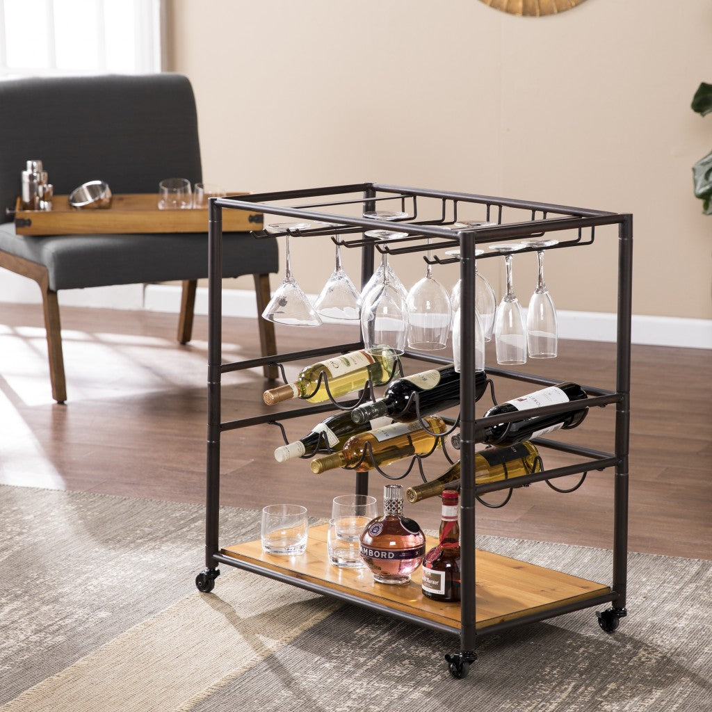 Brown and Black Metal And Solid Wood Rolling Bar Cart With Wine Storage-Bar Cart-DECOROLALA