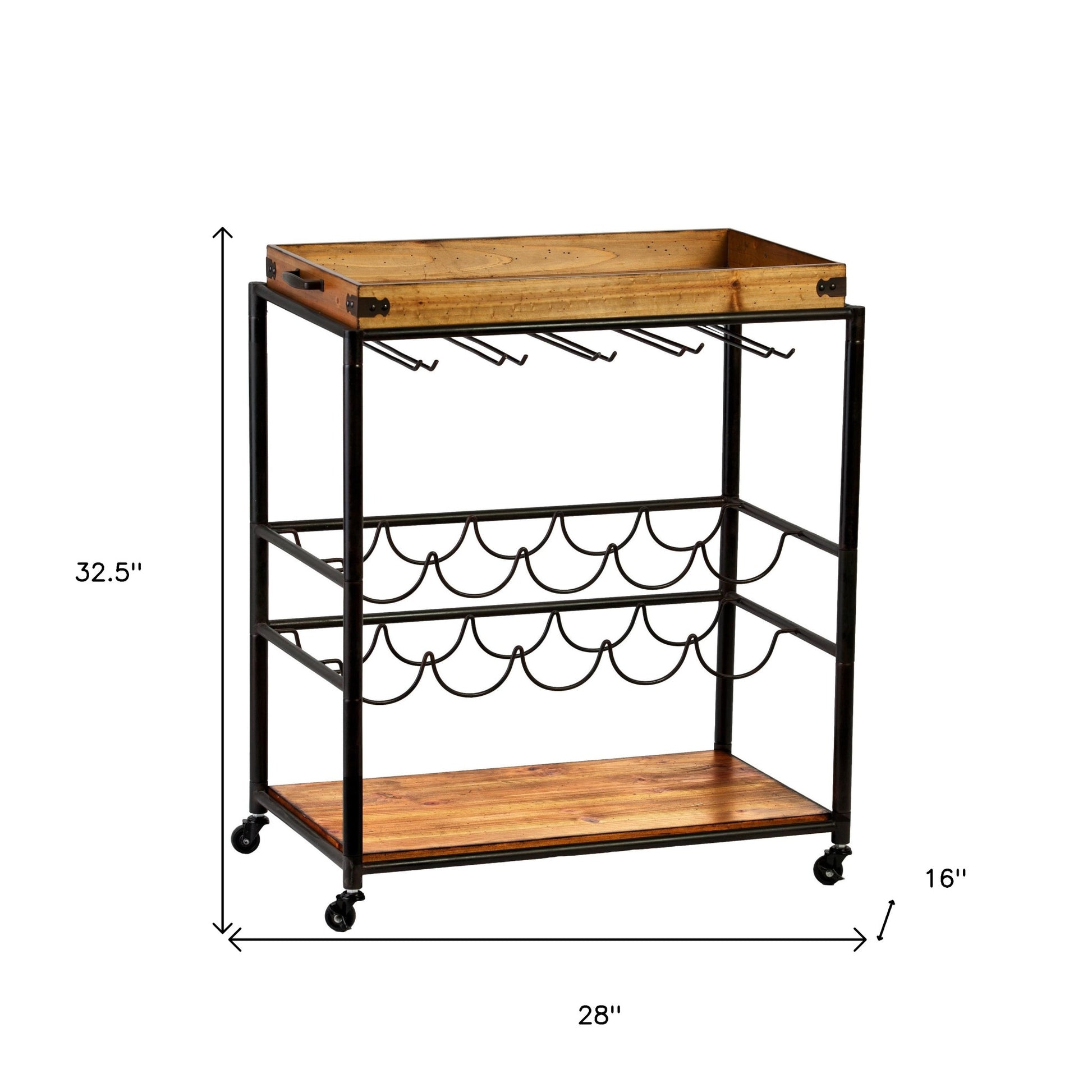 Brown and Black Metal And Solid Wood Rolling Bar Cart With Wine Storage-Bar Cart-DECOROLALA