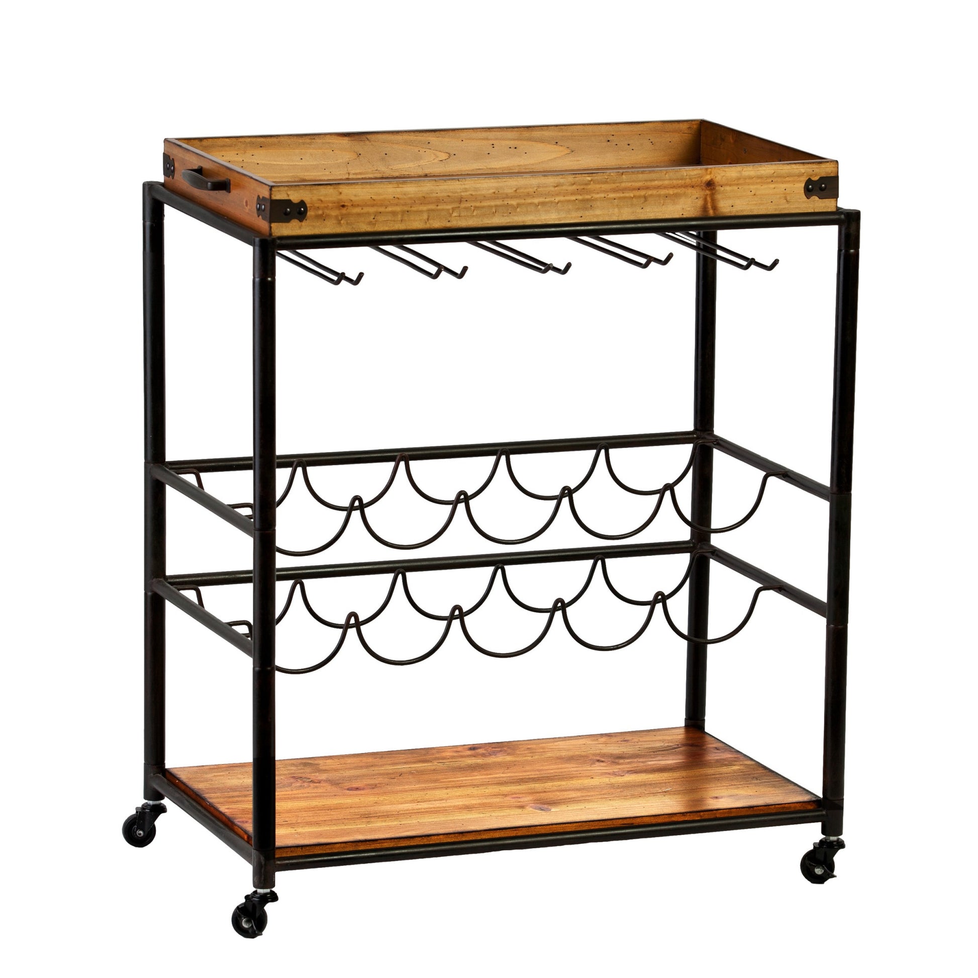Brown and Black Metal And Solid Wood Rolling Bar Cart With Wine Storage-Bar Carts and Servers-DECOROLALA