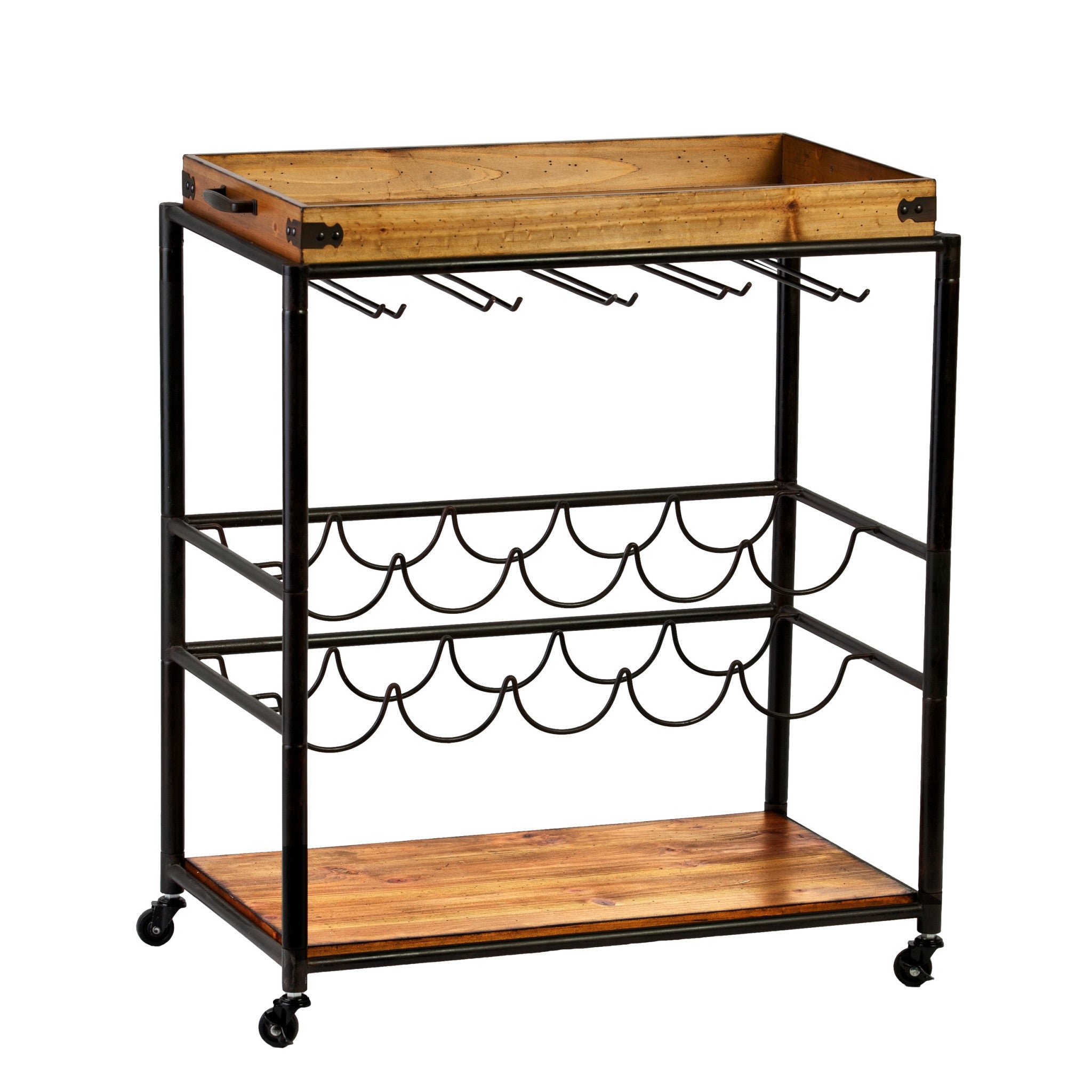 Brown and Black Metal And Solid Wood Rolling Bar Cart With Wine Storage-Bar Carts and Servers-DECOROLALA