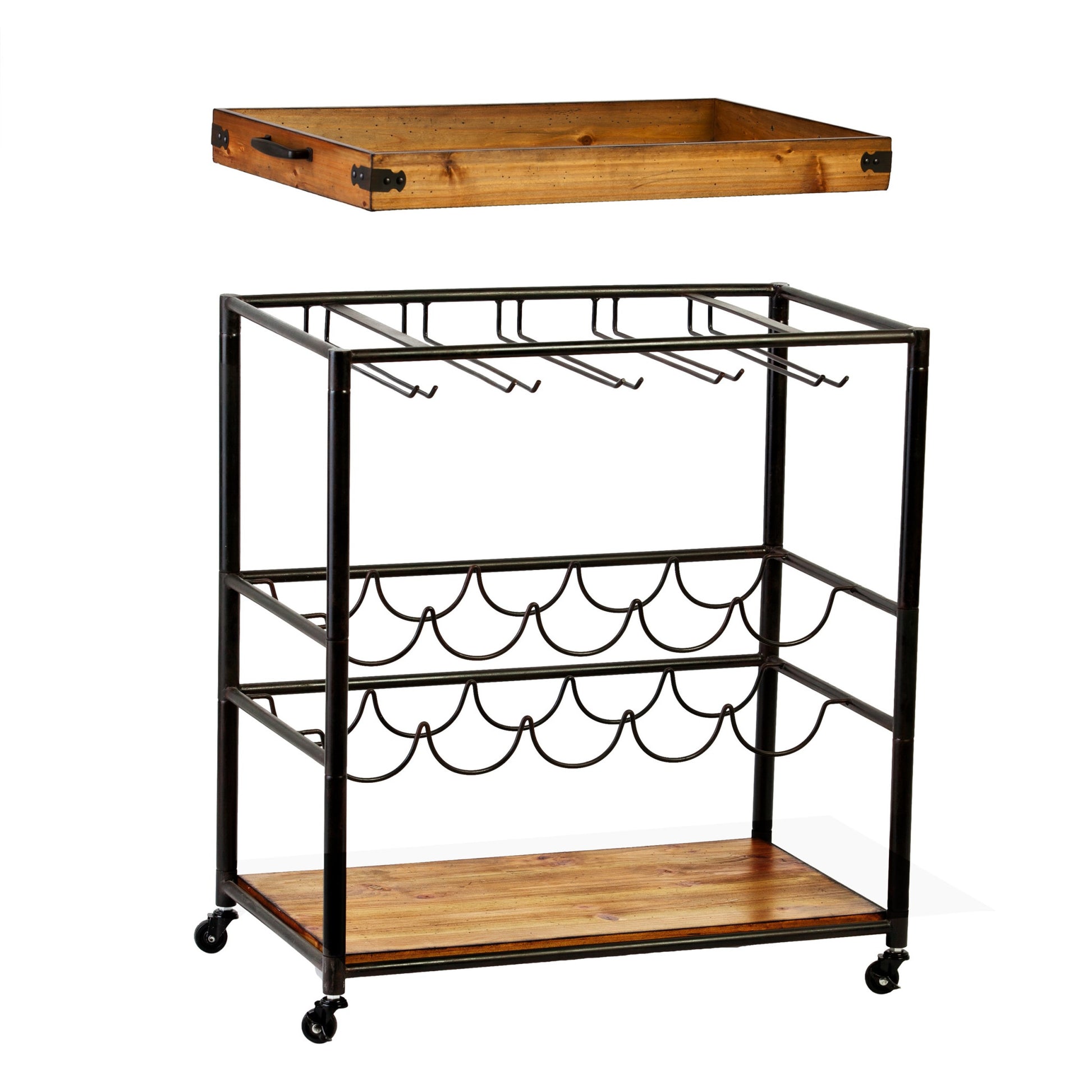 Brown and Black Metal And Solid Wood Rolling Bar Cart With Wine Storage-Bar Carts and Servers-DECOROLALA