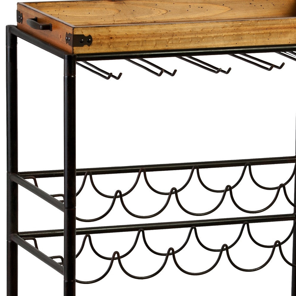 Brown and Black Metal And Solid Wood Rolling Bar Cart With Wine Storage-Bar Carts and Servers-DECOROLALA