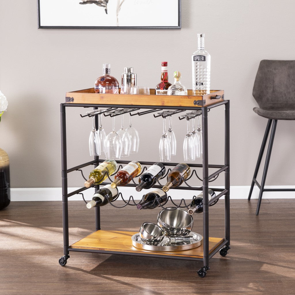 Brown and Black Metal And Solid Wood Rolling Bar Cart With Wine Storage-Bar Carts and Servers-DECOROLALA