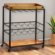 Brown and Black Metal And Solid Wood Rolling Bar Cart With Wine Storage-Bar Carts and Servers-DECOROLALA