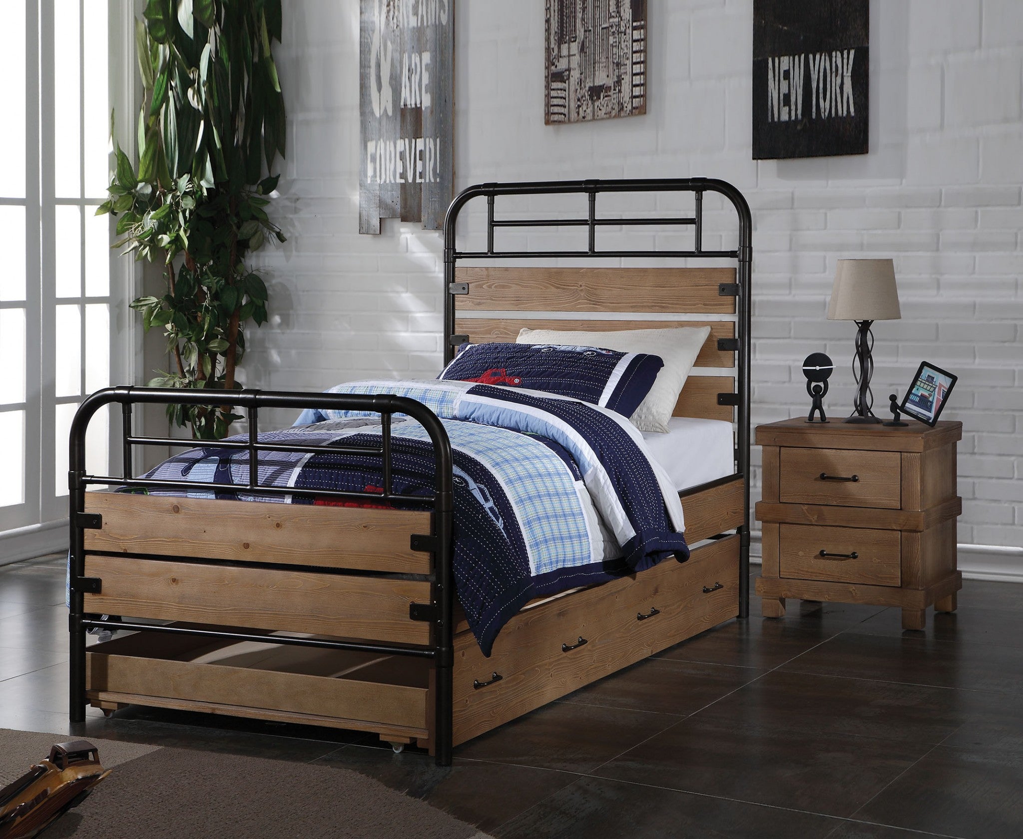 Brown and Black Solid Wood Twin Bed Frame-Standard Beds-DECOROLALA