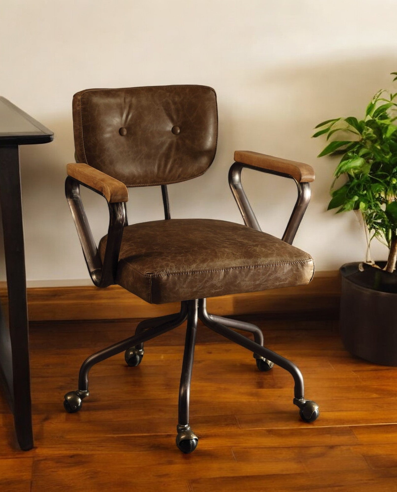 Brown and Black Swivel Faux Leather Rolling Office Chair-Office Chairs-DECOROLALA