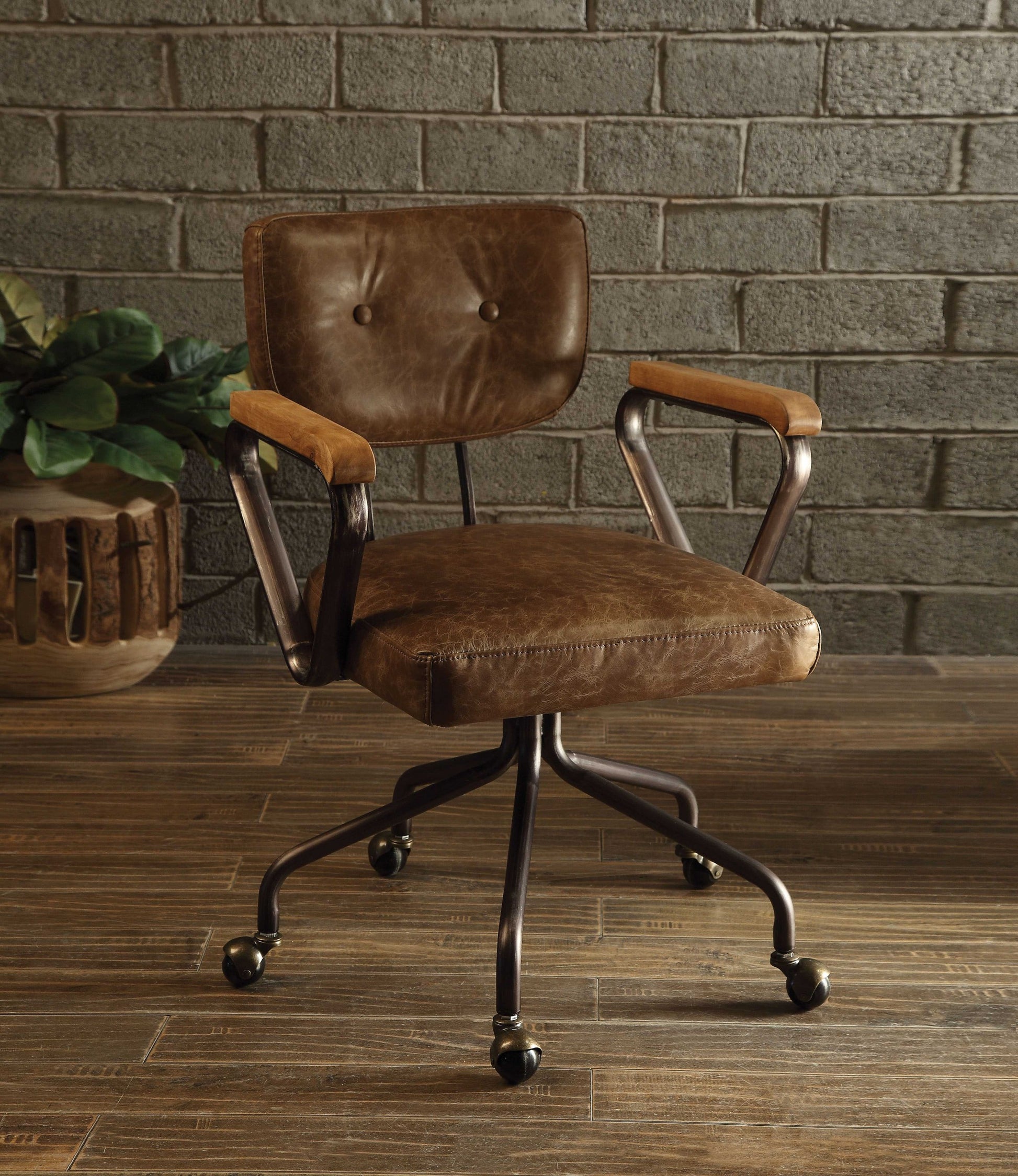 Brown and Black Swivel Faux Leather Rolling Office Chair-Office Chairs-DECOROLALA