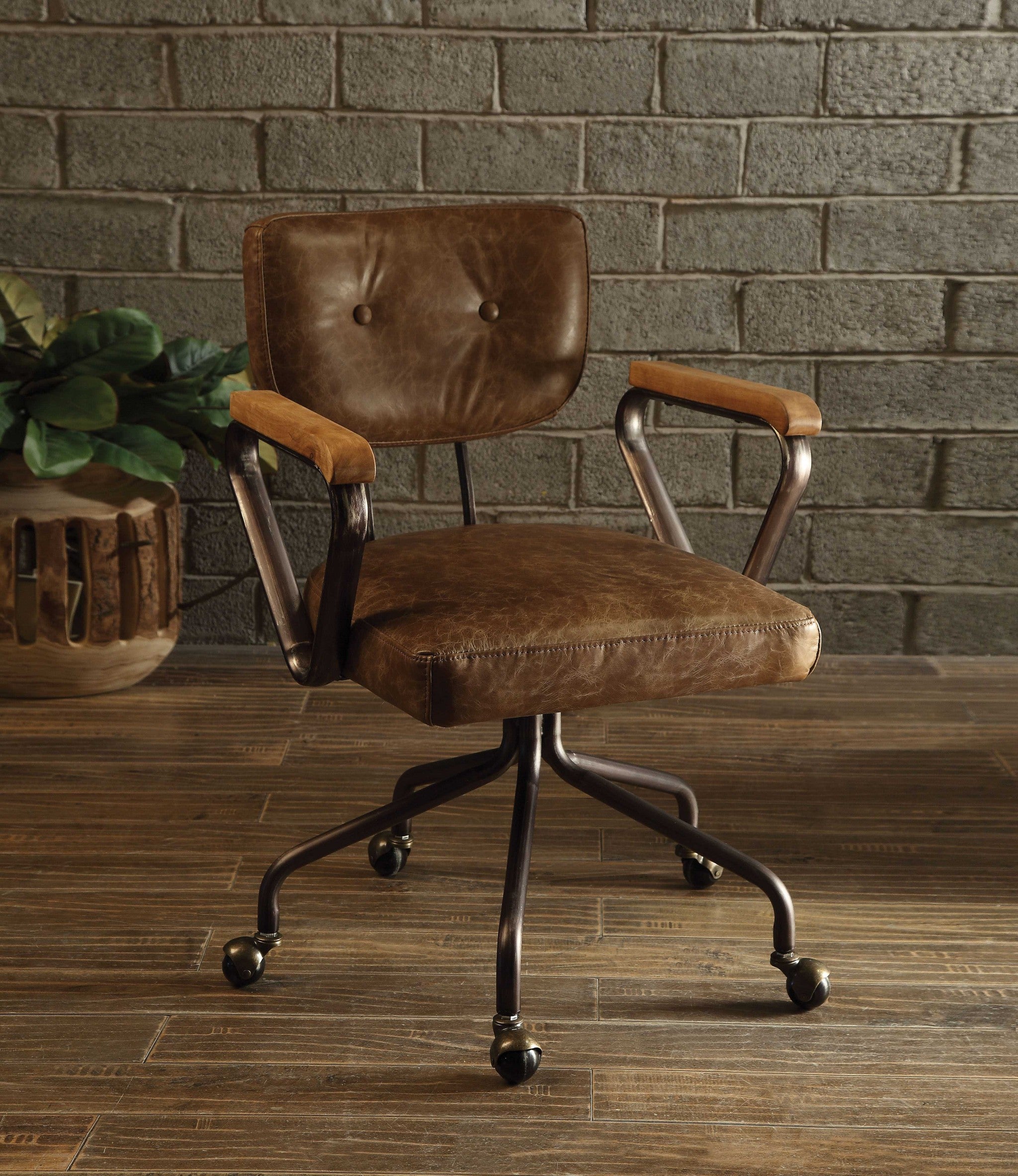 Brown and Black Swivel Faux Leather Rolling Office Chair-Office Chairs-DECOROLALA