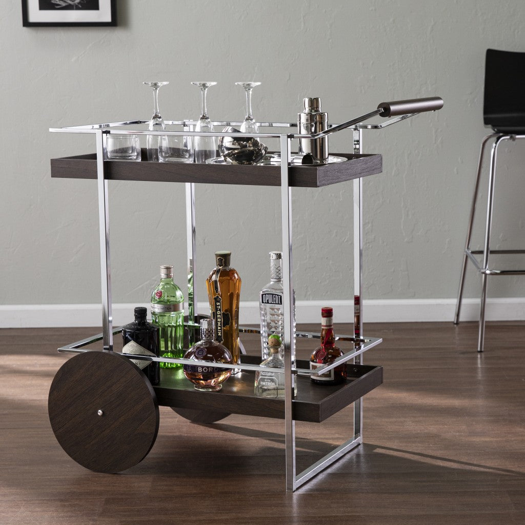 Brown and Silver Iron Rolling Bar Cart-Bar Carts and Servers-DECOROLALA