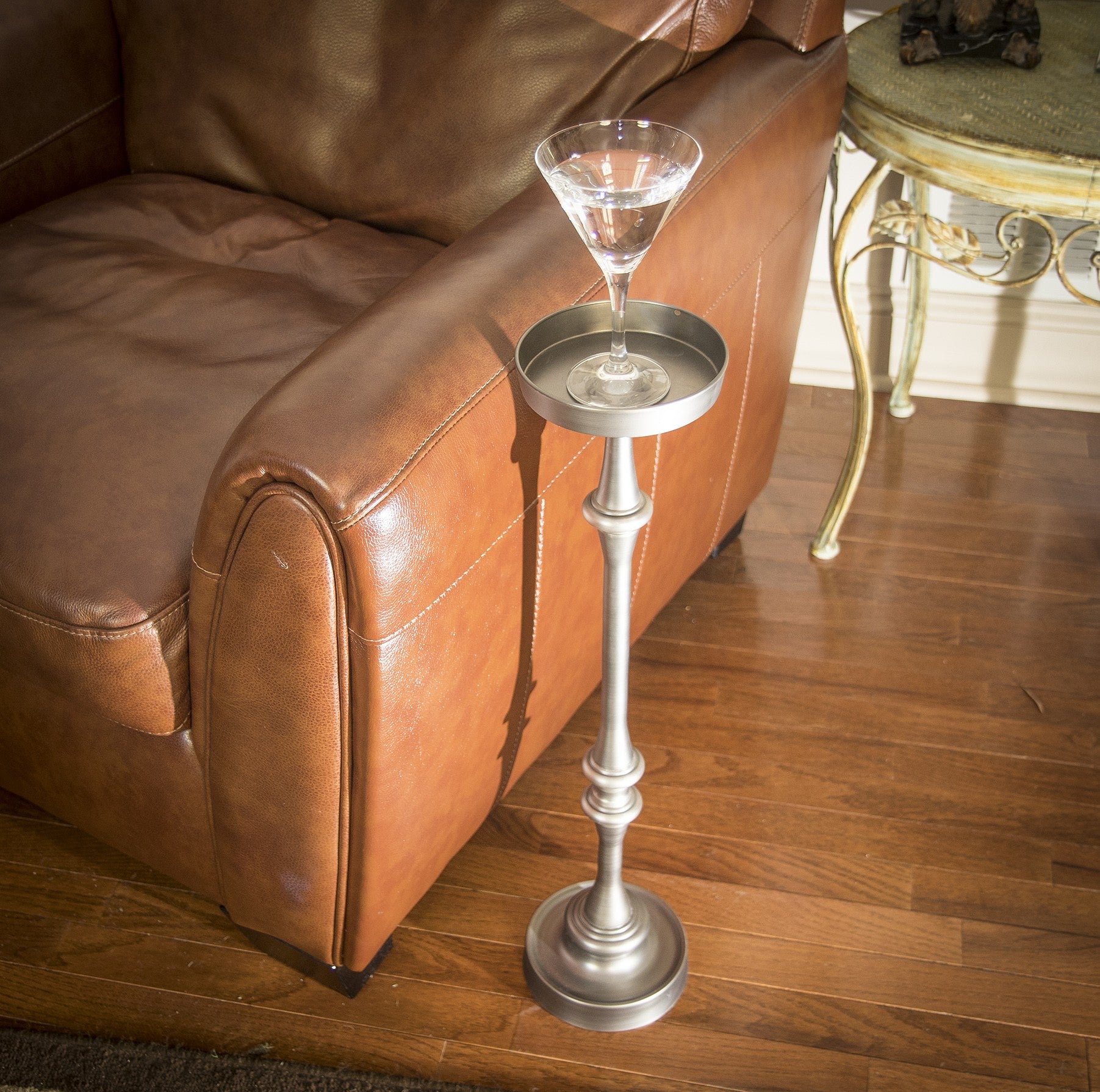 Brushed Silver Finish Drink Size Accent Table-End-Side Tables-DECOROLALA