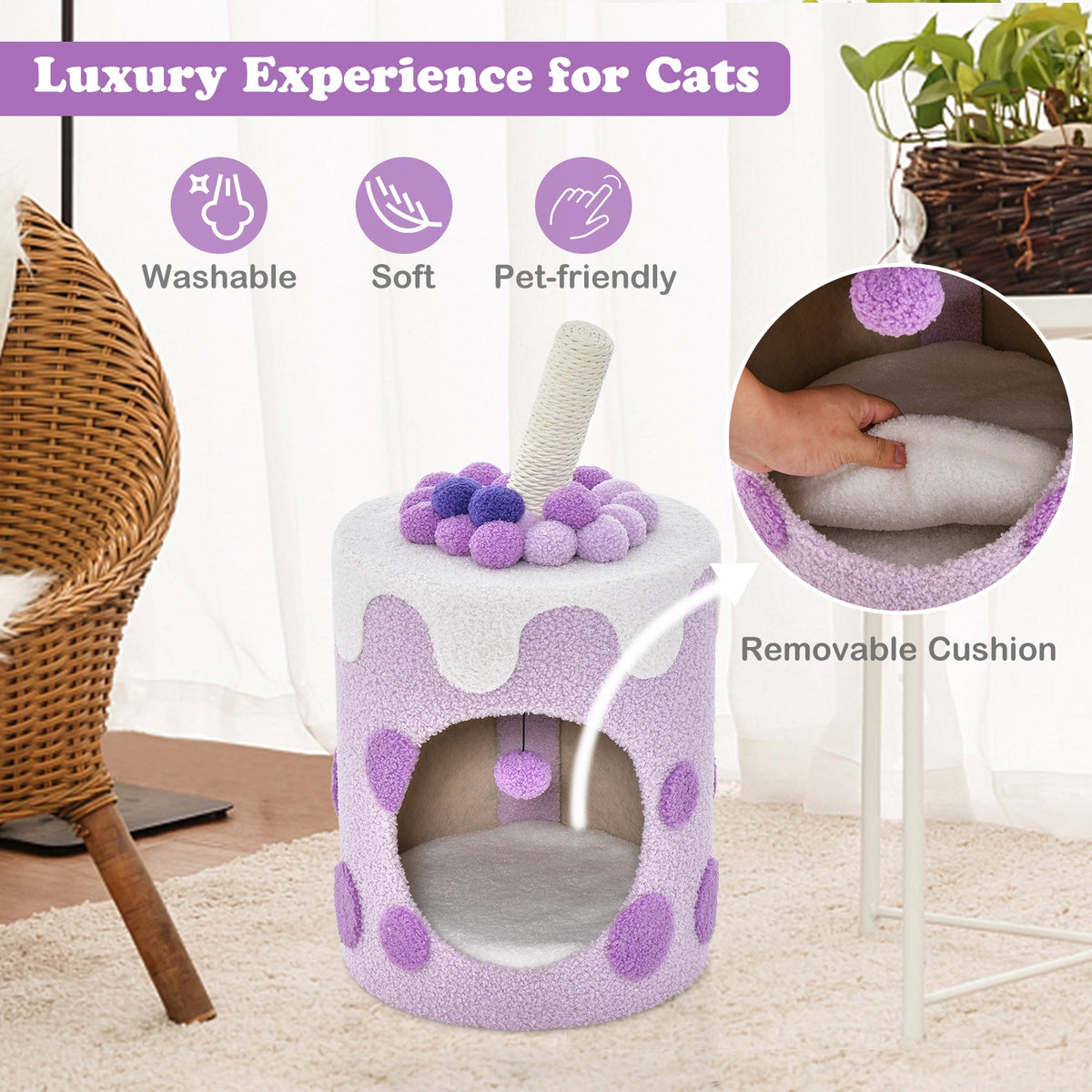 Bubble Tea Cat Tree Tower with Scratching Post-Purple-Cat Trees & Scratchers-DECOROLALA