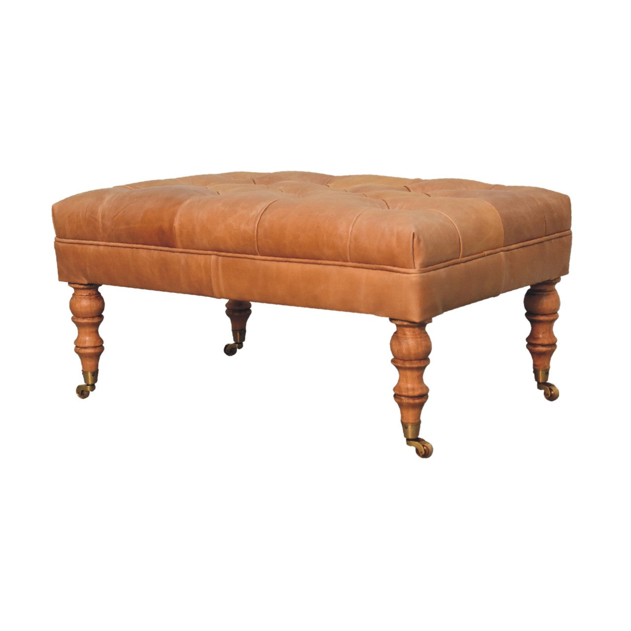 Buffalo Tan Leather Ottoman with Mango Wood Legs-Ottoman-DECOROLALA