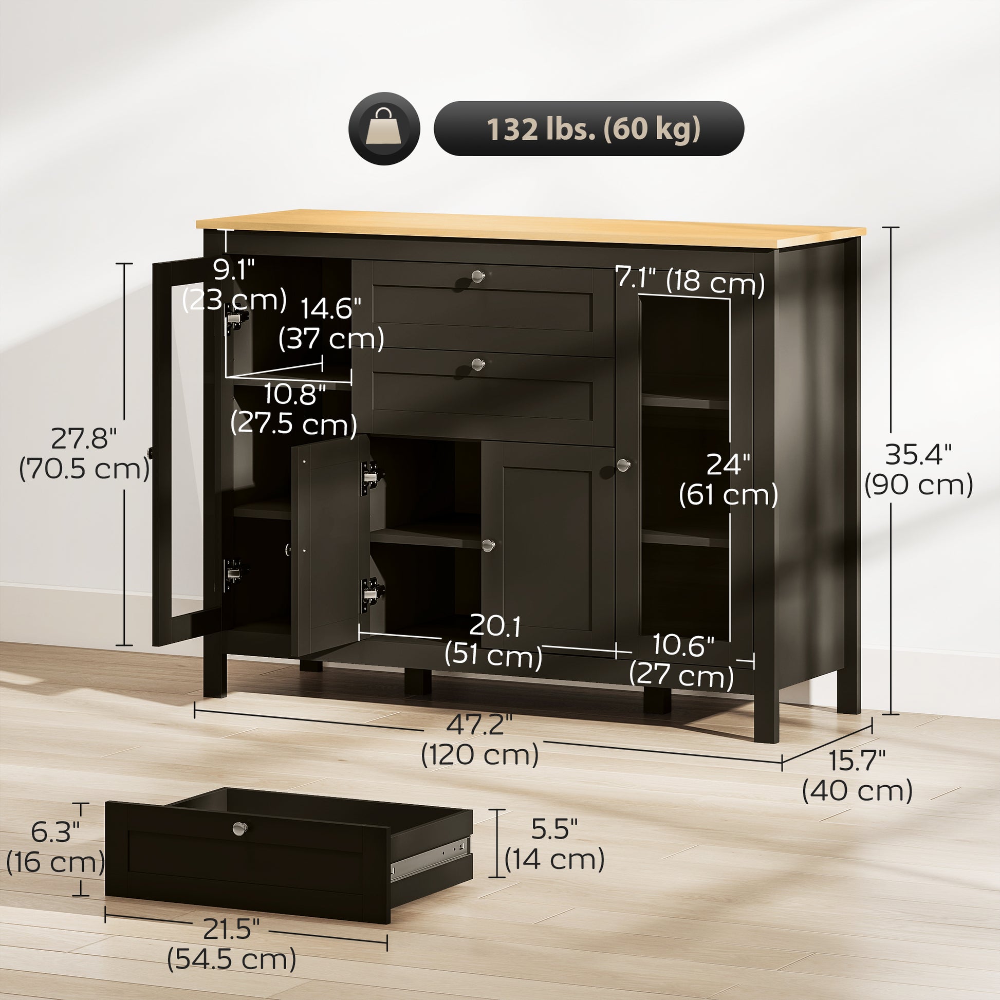 Buffet Cabinet - Dark Brown, 2 Drawers, 3 Cabinets, Adjustable Shelves-DECOROLALA