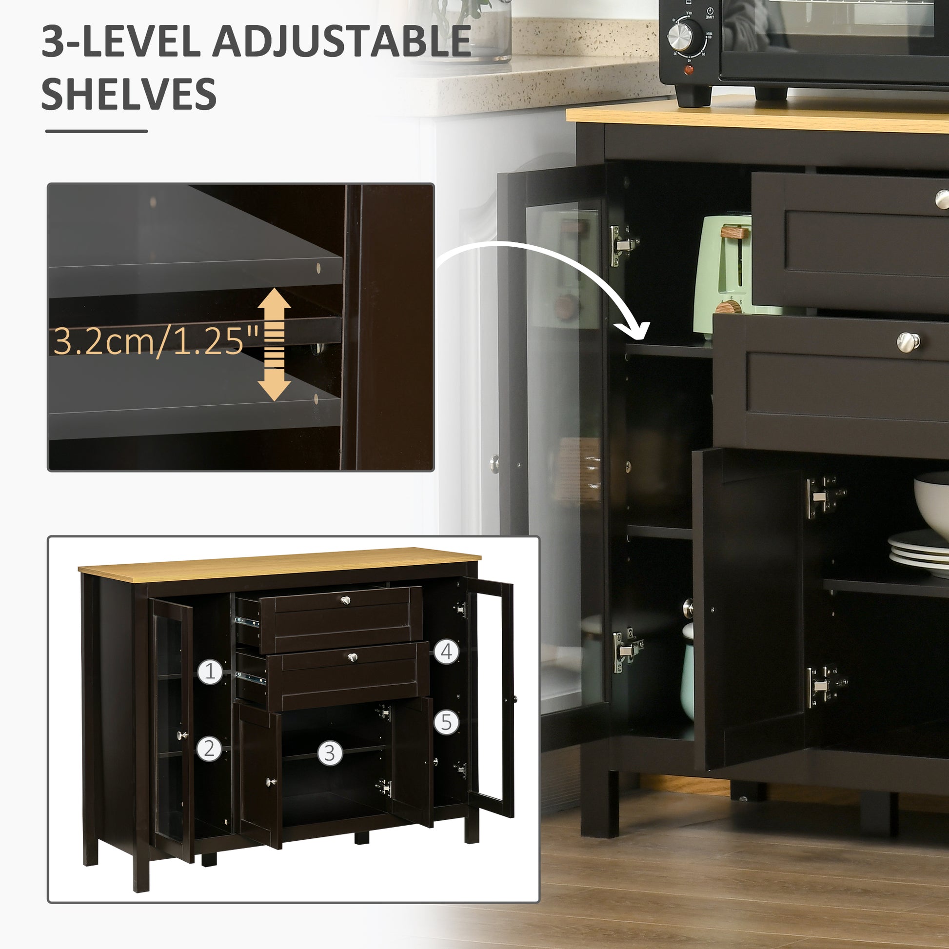Buffet Cabinet - Dark Brown, 2 Drawers, 3 Cabinets, Adjustable Shelves-DECOROLALA