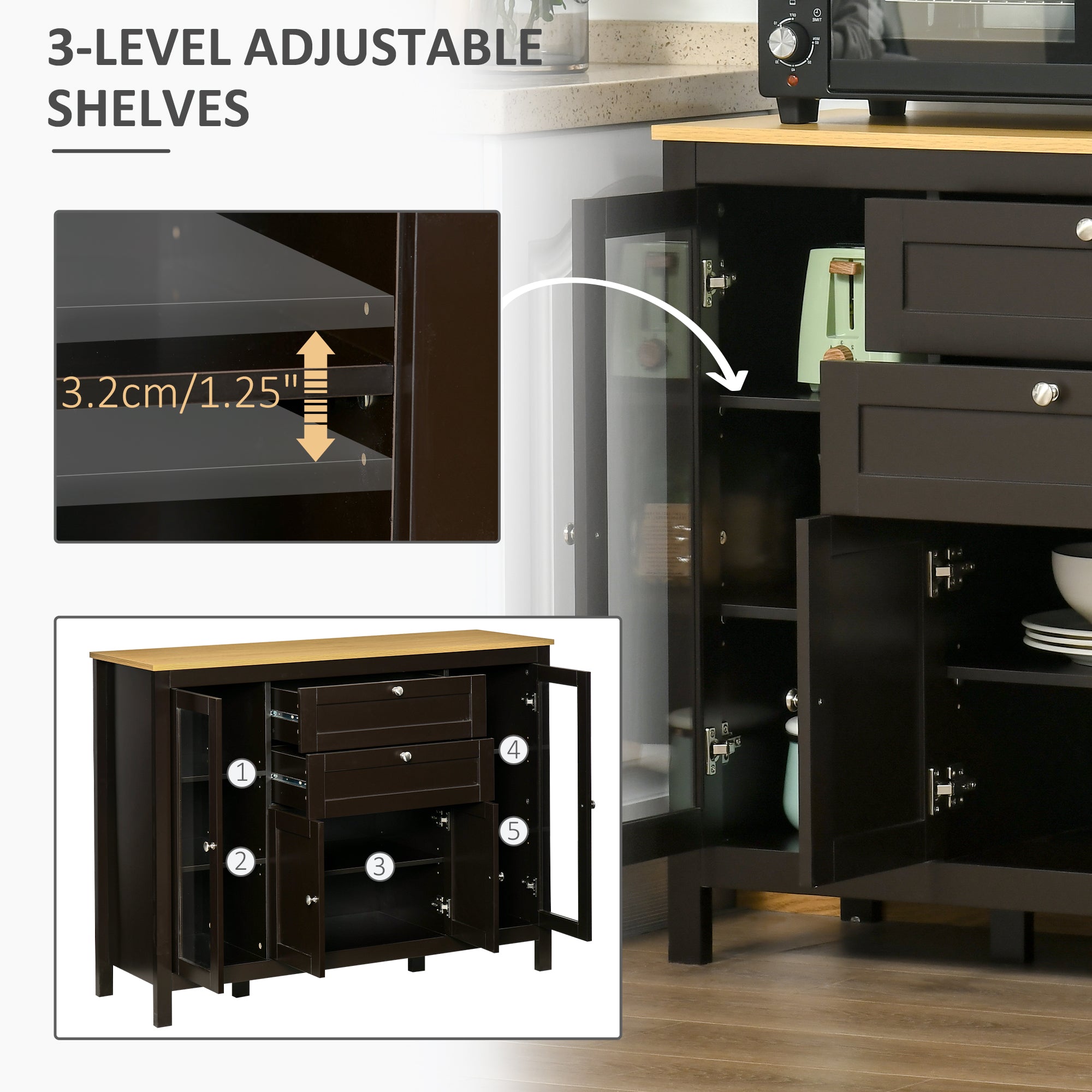 Buffet Cabinet - Dark Brown, 2 Drawers, 3 Cabinets, Adjustable Shelves-DECOROLALA