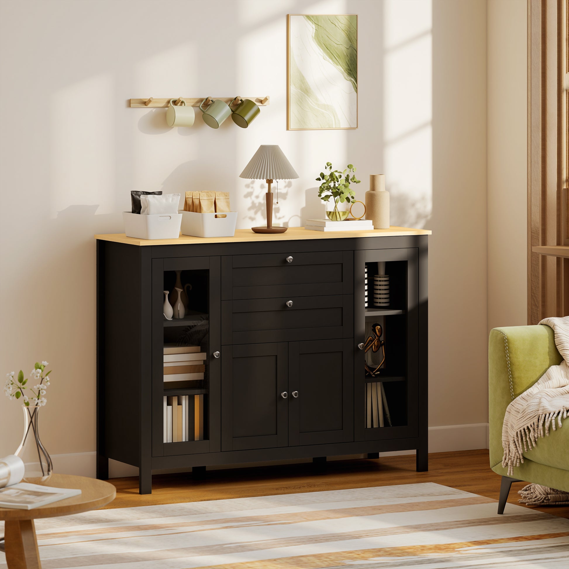 Buffet Cabinet - Dark Brown, 2 Drawers, 3 Cabinets, Adjustable Shelves-DECOROLALA