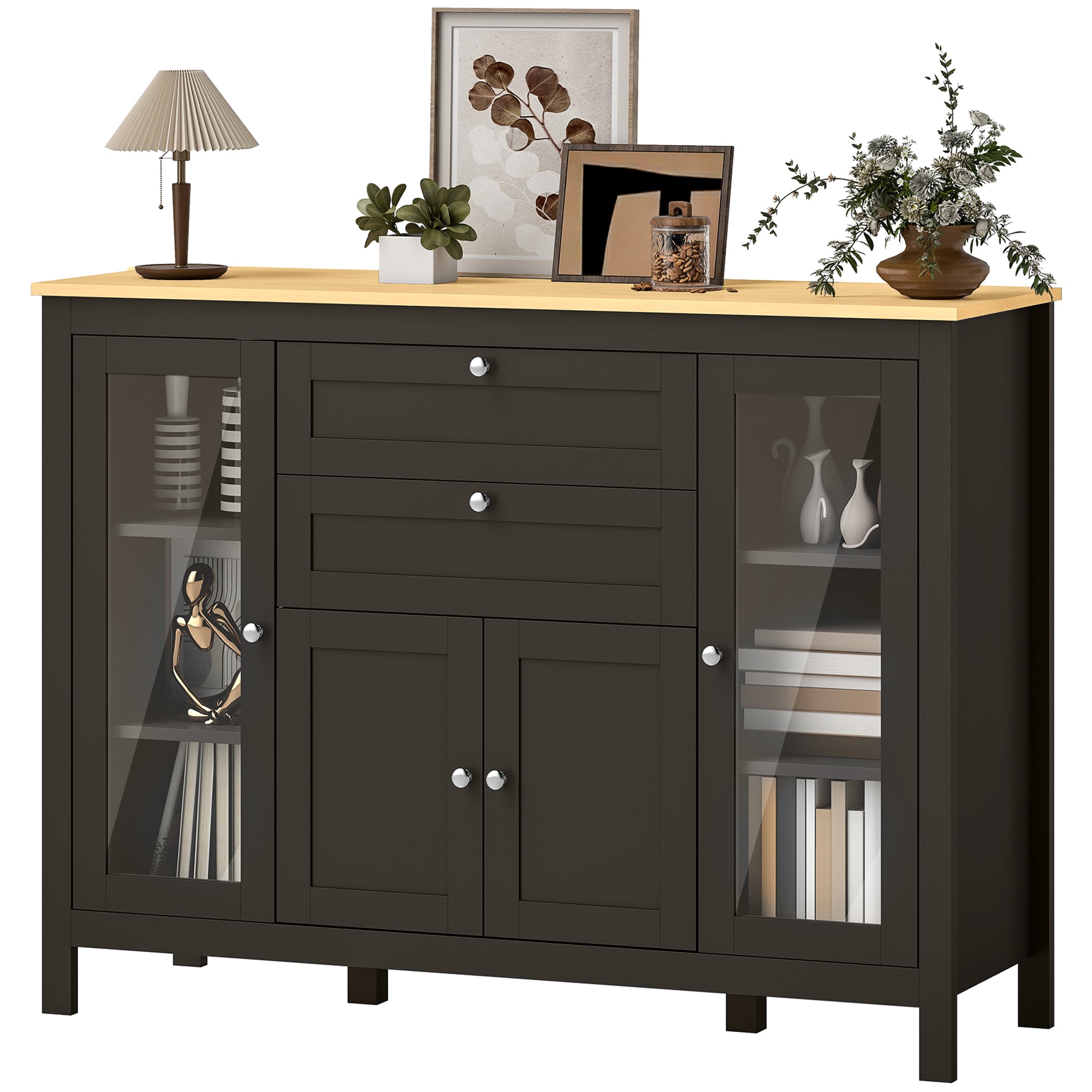 Buffet Cabinet - Dark Brown, 2 Drawers, 3 Cabinets, Adjustable Shelves-DECOROLALA