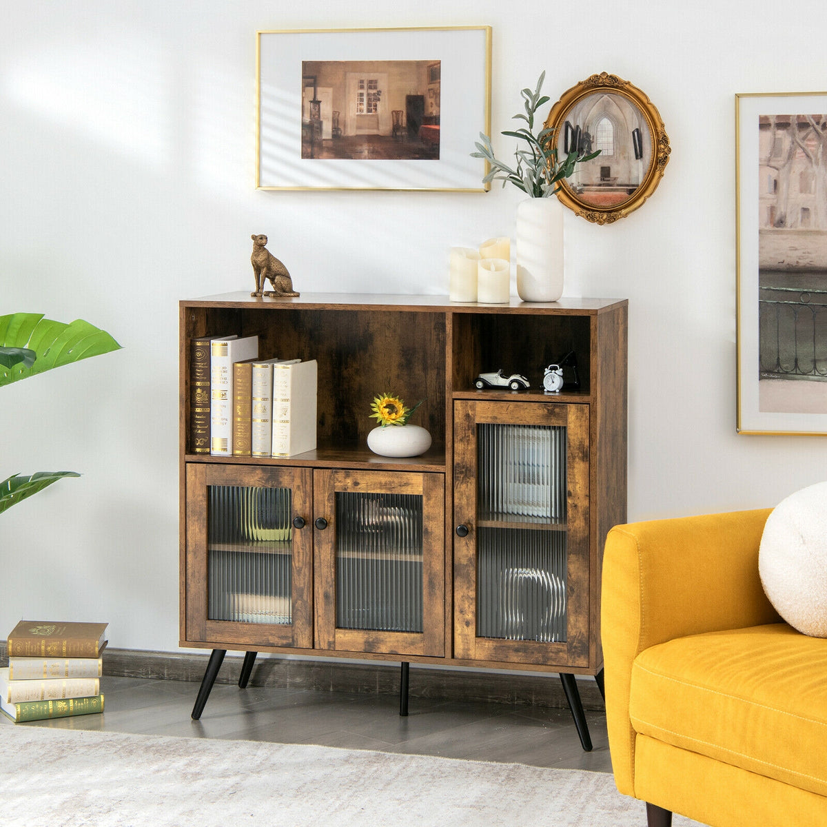 Buffet Kitchen Storage Cupboard with Glass Door and Adjustable Shelves-Rustic Brown-Sideboards & Buffets-DECOROLALA
