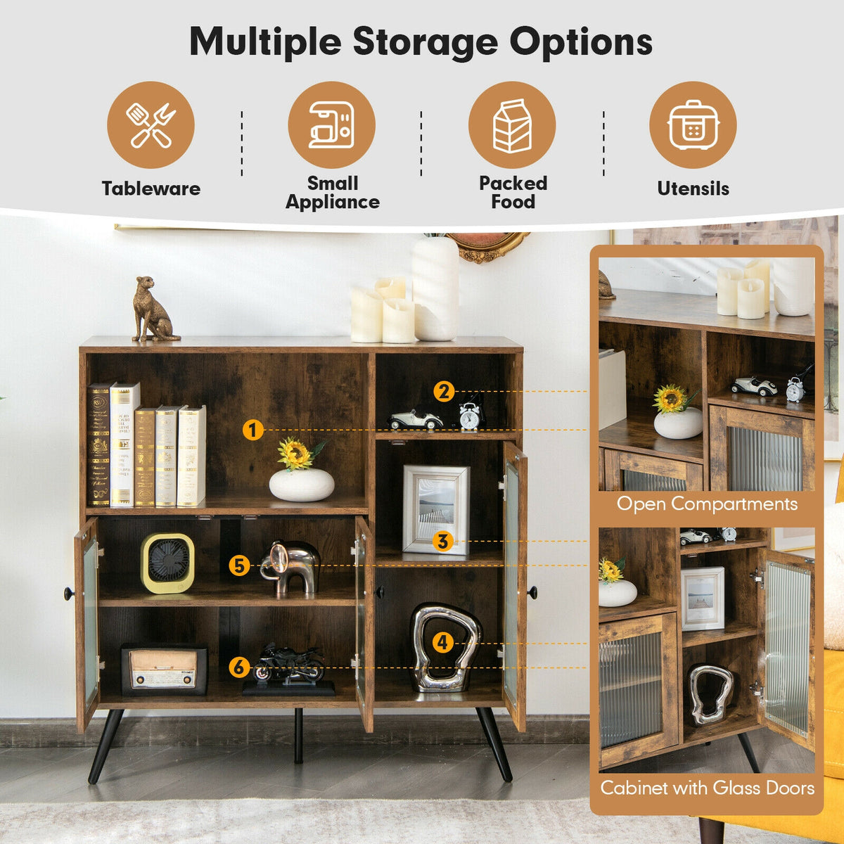 Buffet Kitchen Storage Cupboard with Glass Door and Adjustable Shelves-Rustic Brown-Sideboards & Buffets-DECOROLALA