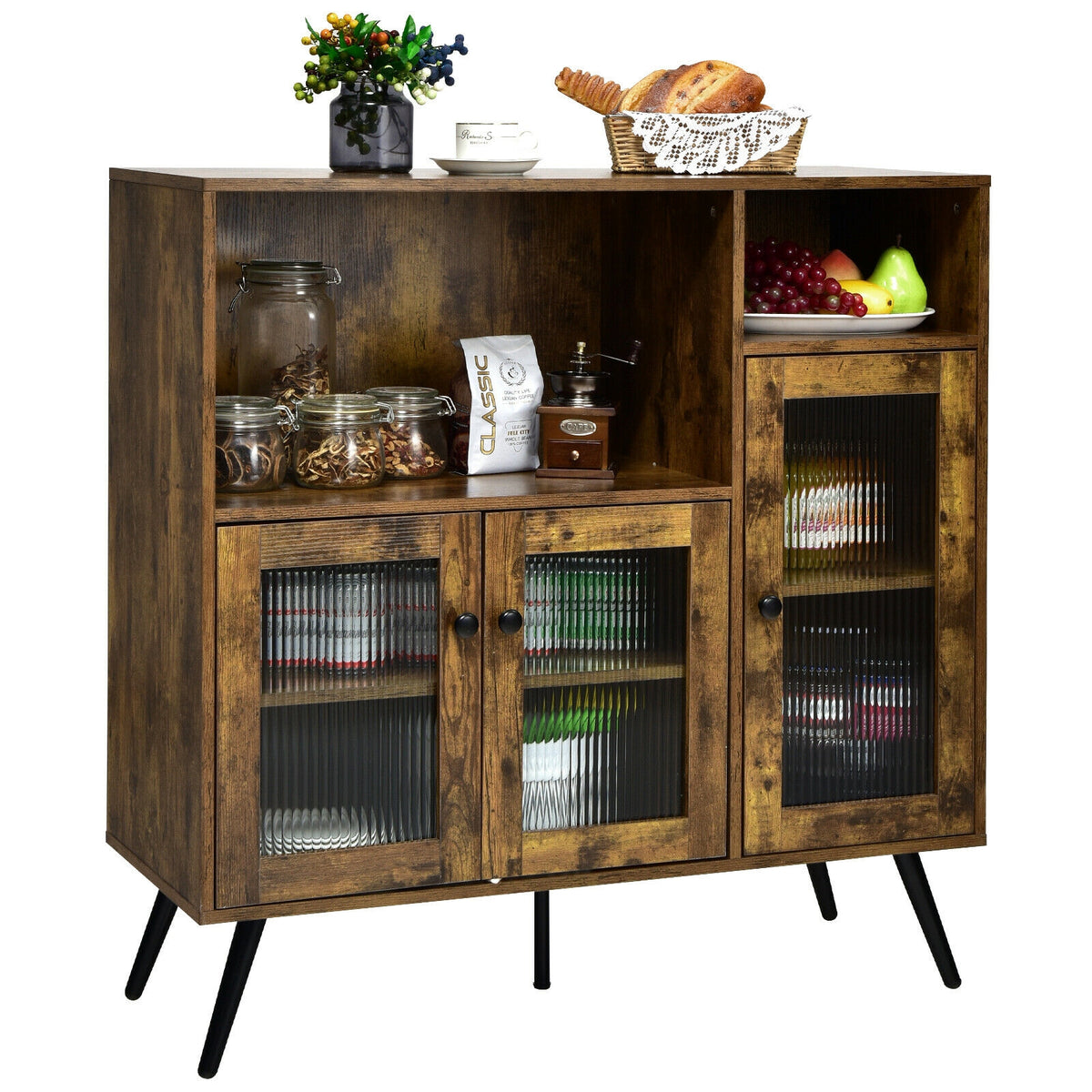 Buffet Kitchen Storage Cupboard with Glass Door and Adjustable Shelves-Rustic Brown-Sideboards & Buffets-DECOROLALA