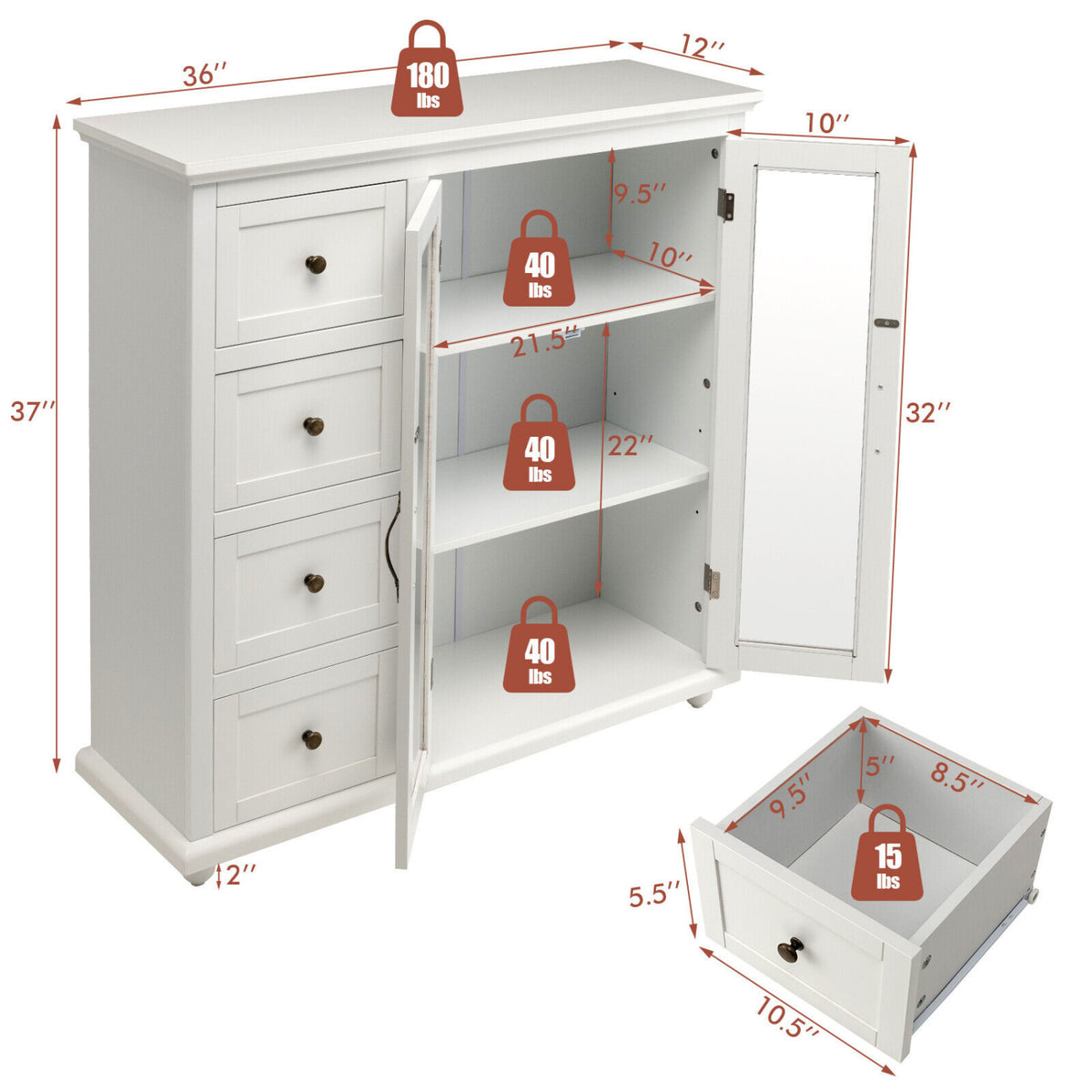 Buffet Sideboard Table Kitchen Storage Cabinet with Drawers and Doors-White-Sideboards & Buffets-DECOROLALA
