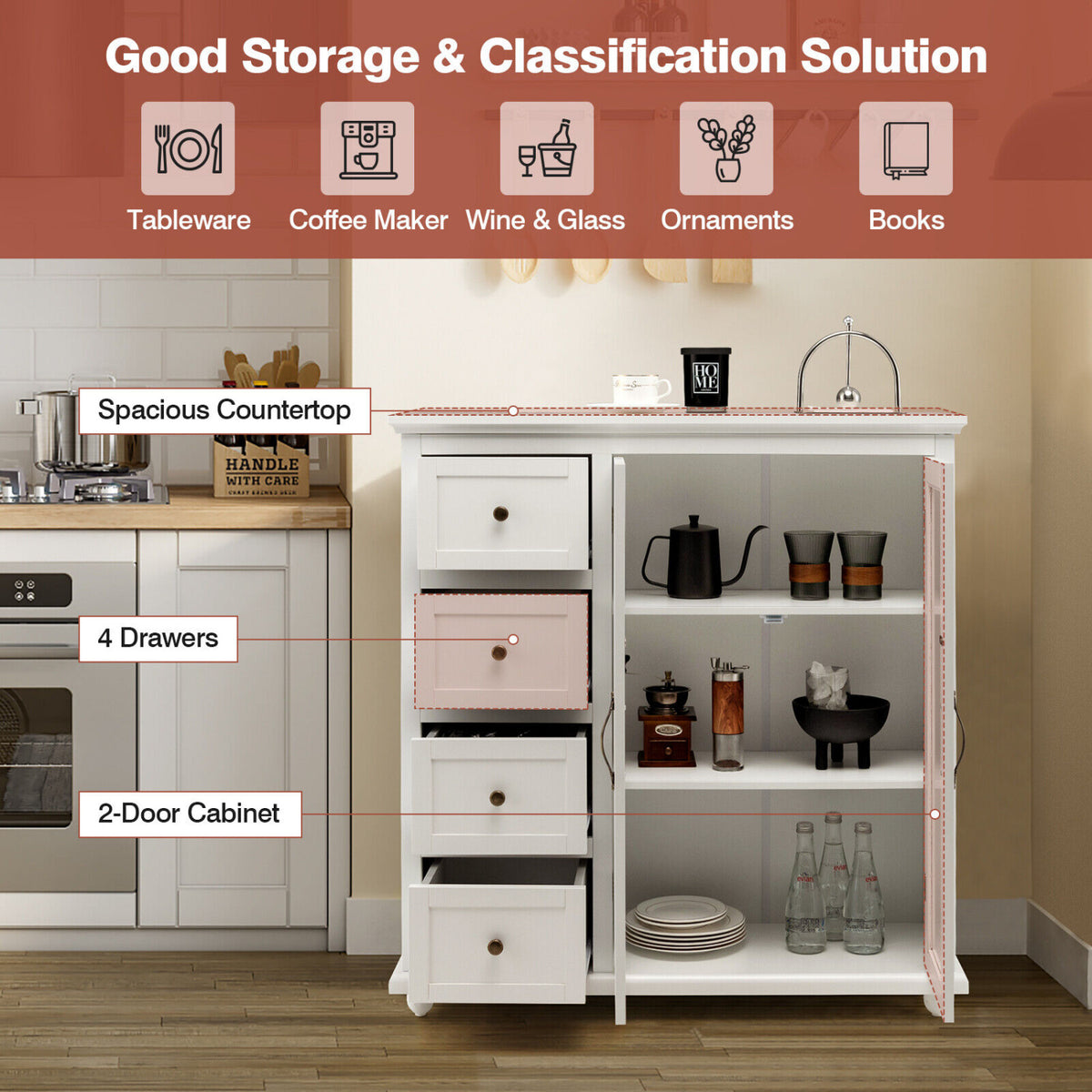 Buffet Sideboard Table Kitchen Storage Cabinet with Drawers and Doors-White-Sideboards & Buffets-DECOROLALA