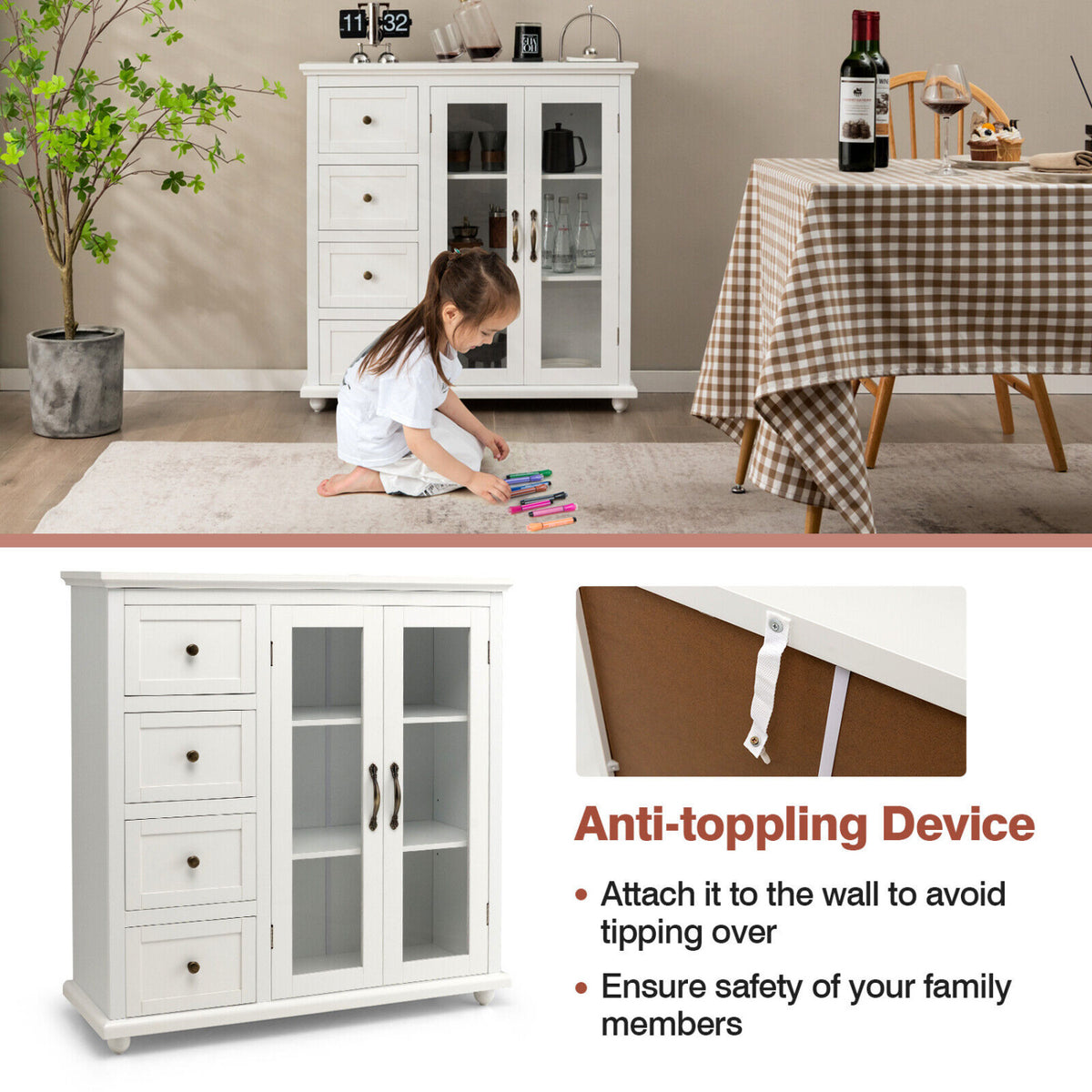 Buffet Sideboard Table Kitchen Storage Cabinet with Drawers and Doors-White-Sideboards & Buffets-DECOROLALA