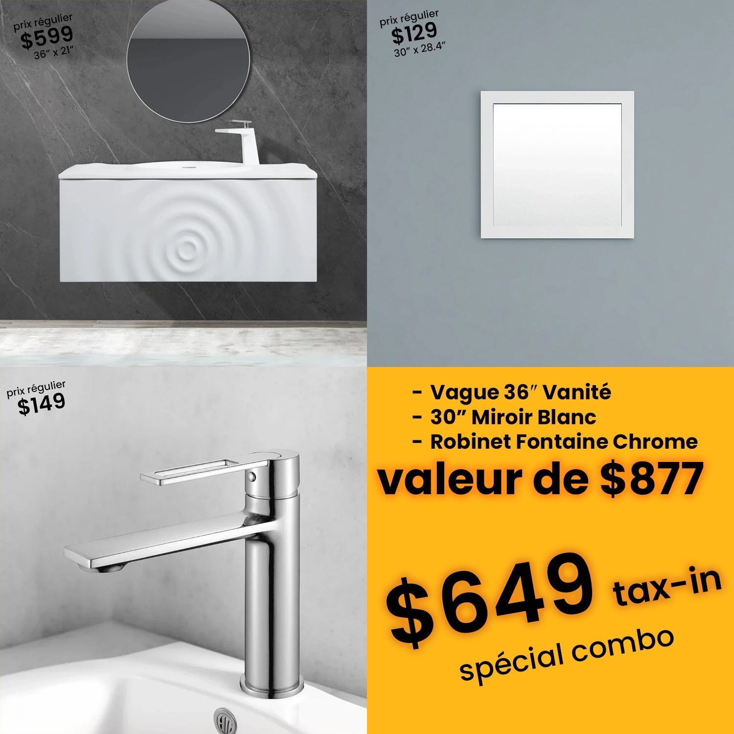 Bundle and Save: 36" Matte White Wall Mount Bathroom Vanity with Mirror and Faucet