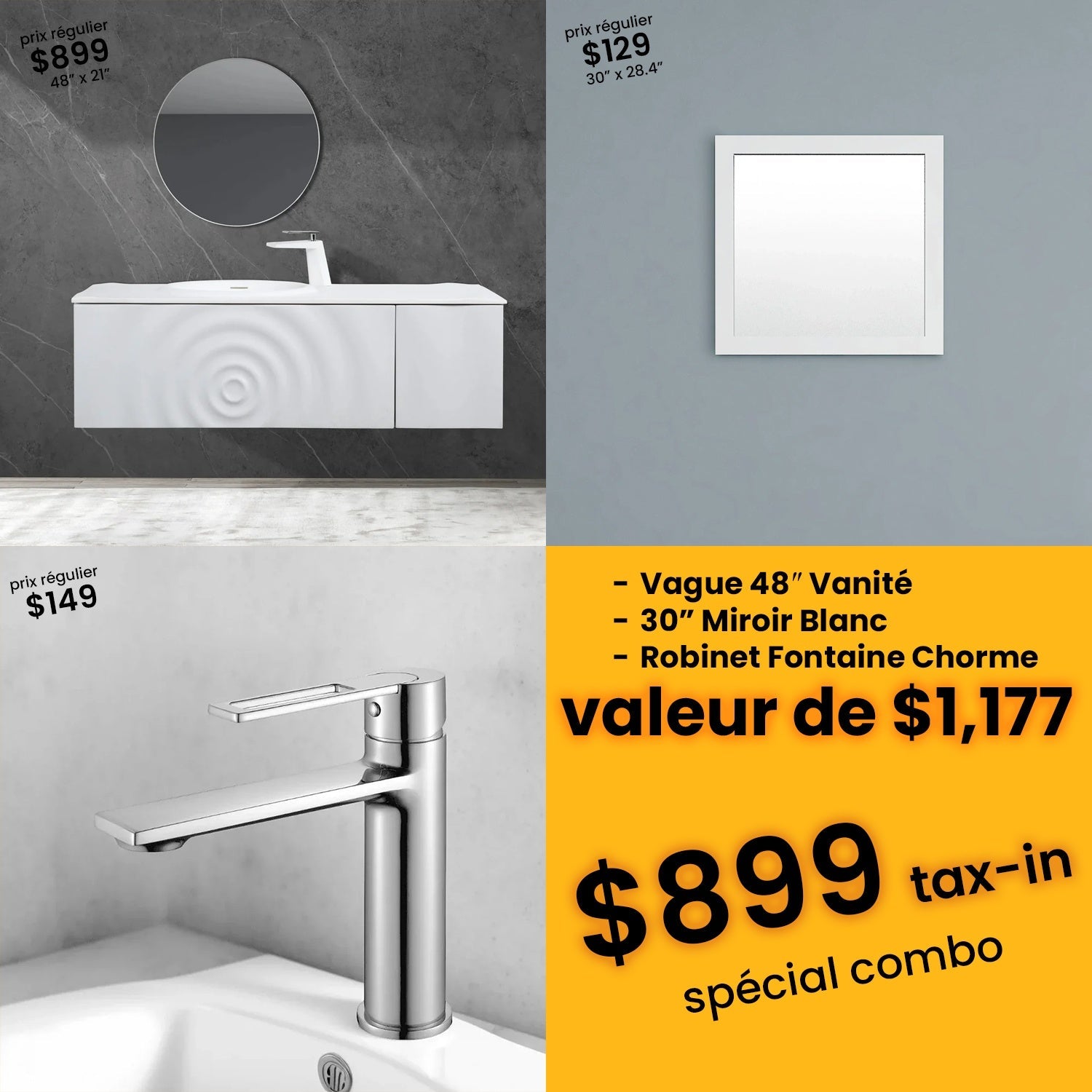 Bundle and Save: 48" Matte White Wall Mount Bathroom Vanity with Mirror and Faucet