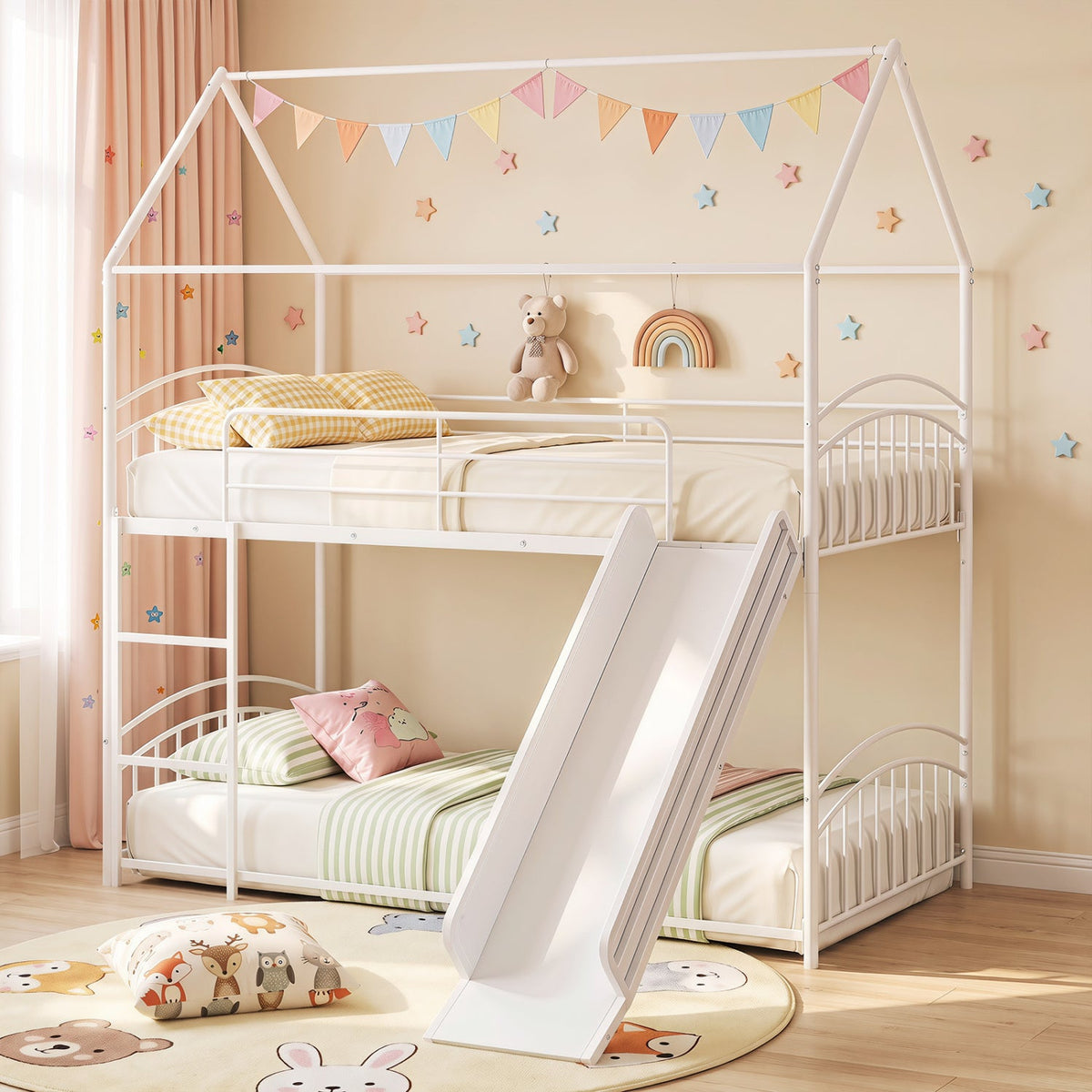 Bunk Bed Twin Over Twin House Bunk Bed Frame with Metal Slats-Bunk Bed Frame-DECOROLALA