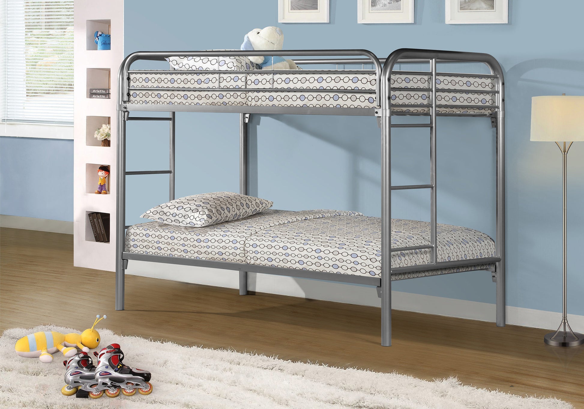 Bunk Bed Twin Over Twin Silver Metal Frame-Bed-DECOROLALA