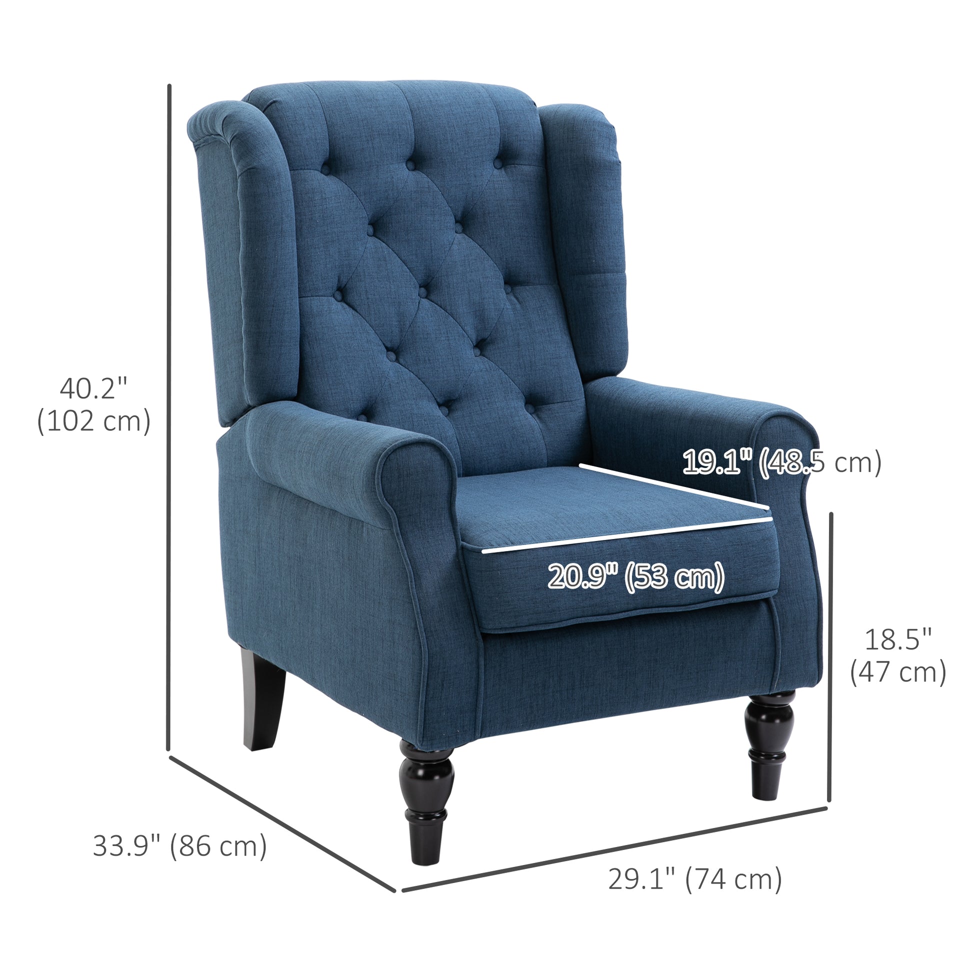 Button Tufted Blue Wingback Accent Chair - Living Room, Thick Padding, Wood Legs-DECOROLALA