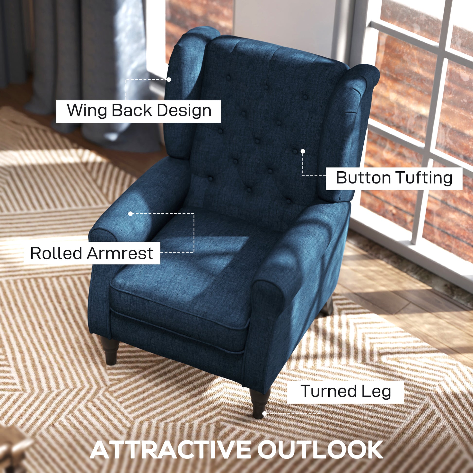 Button Tufted Blue Wingback Accent Chair - Living Room, Thick Padding, Wood Legs-DECOROLALA