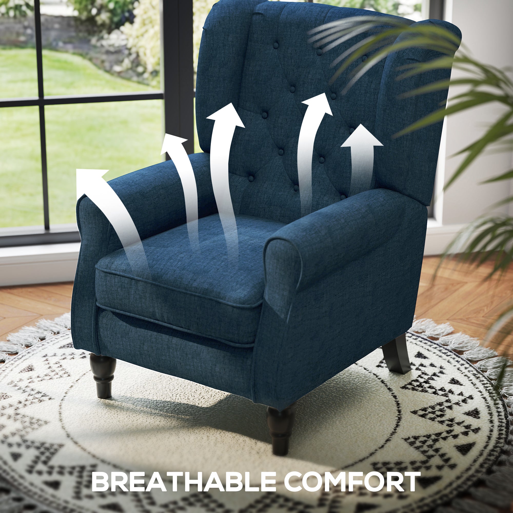 Button Tufted Blue Wingback Accent Chair - Living Room, Thick Padding, Wood Legs-DECOROLALA