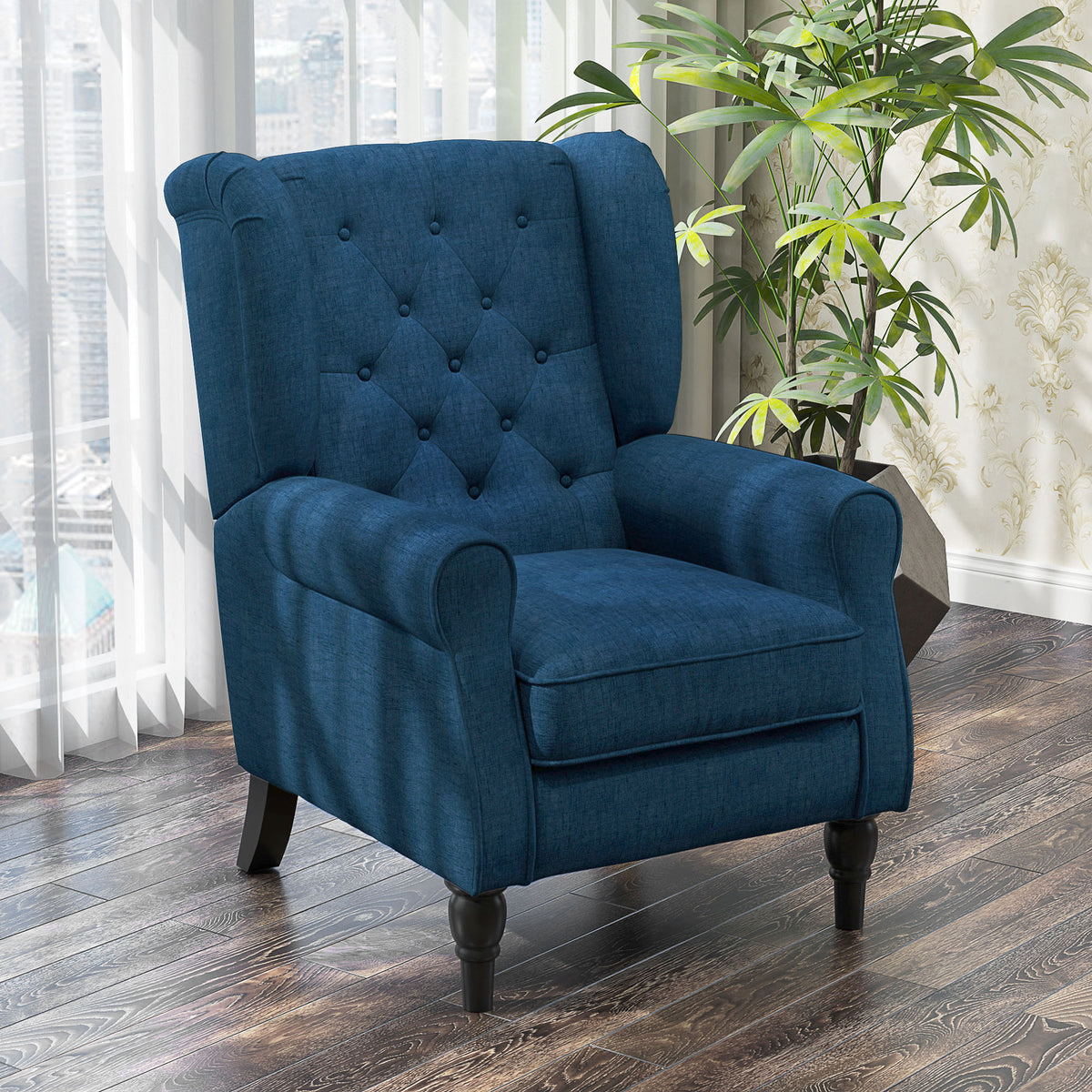 Button Tufted Blue Wingback Accent Chair - Living Room, Thick Padding, Wood Legs-DECOROLALA
