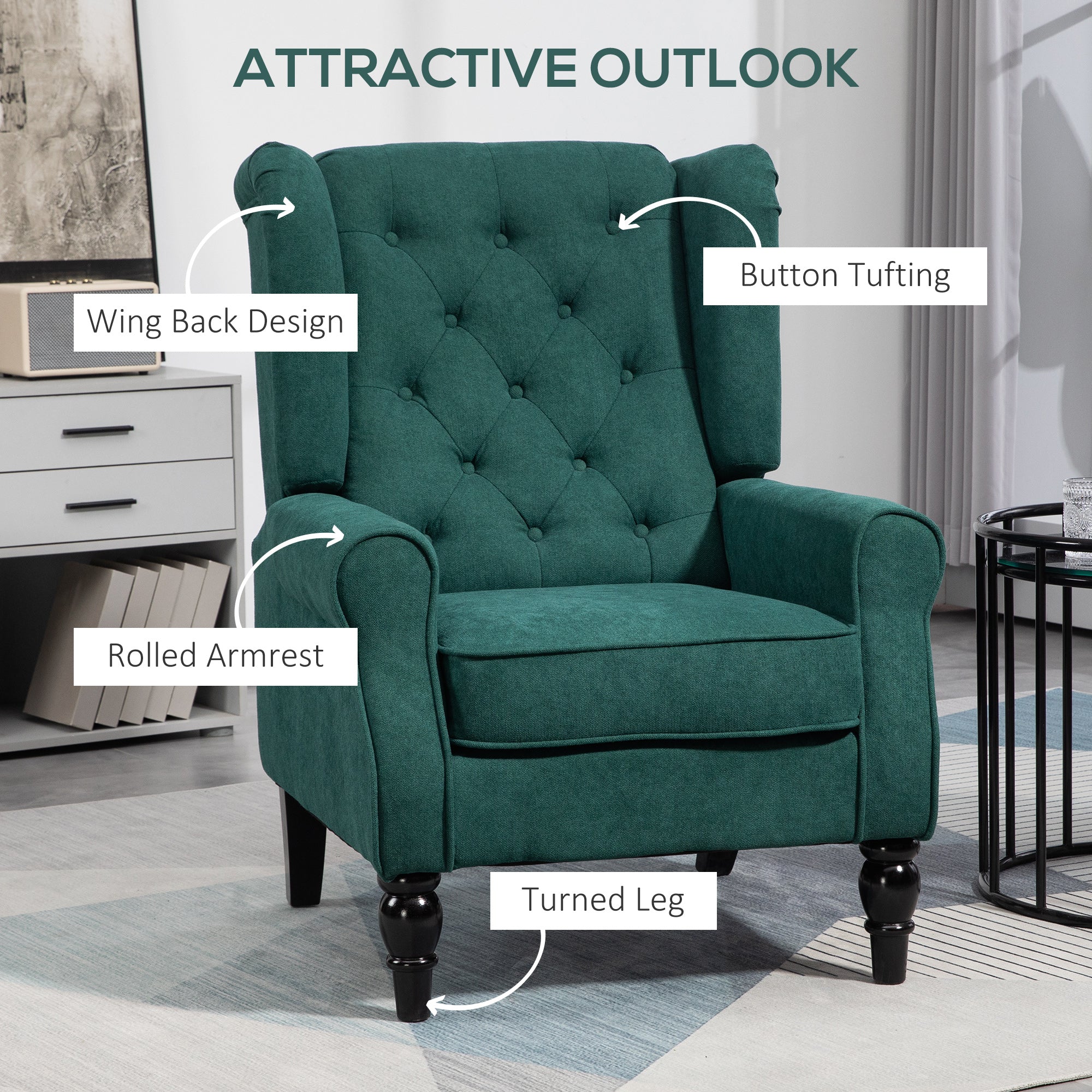 Button Tufted Dark Green Accent Chair with Wood Legs-DECOROLALA