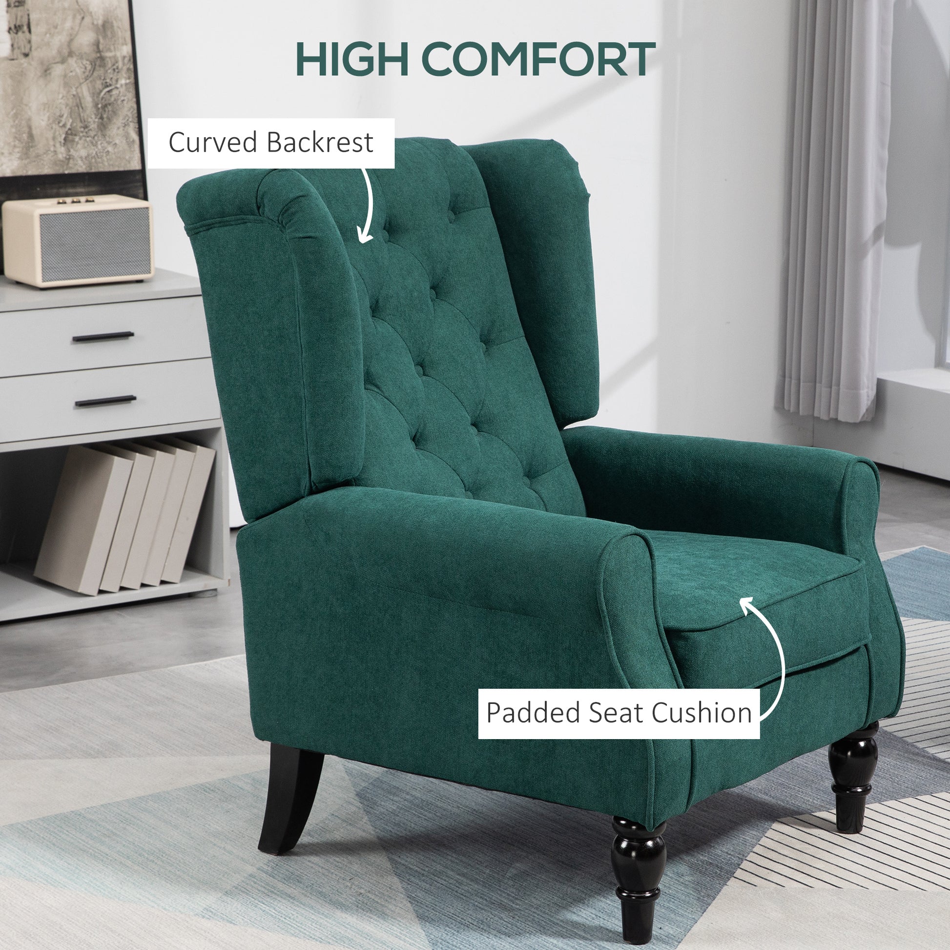 Button Tufted Dark Green Accent Chair with Wood Legs-DECOROLALA