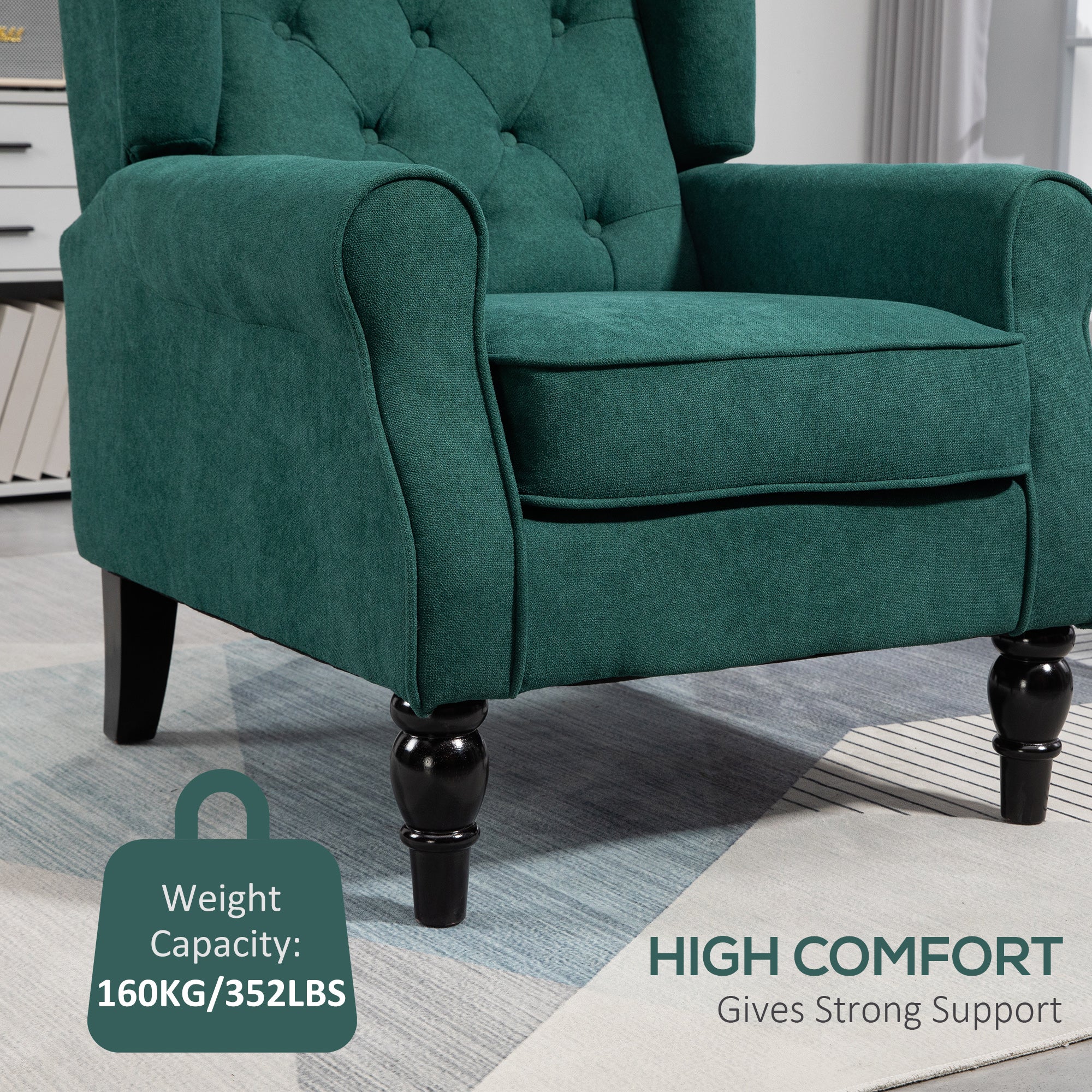Button Tufted Dark Green Accent Chair with Wood Legs-DECOROLALA