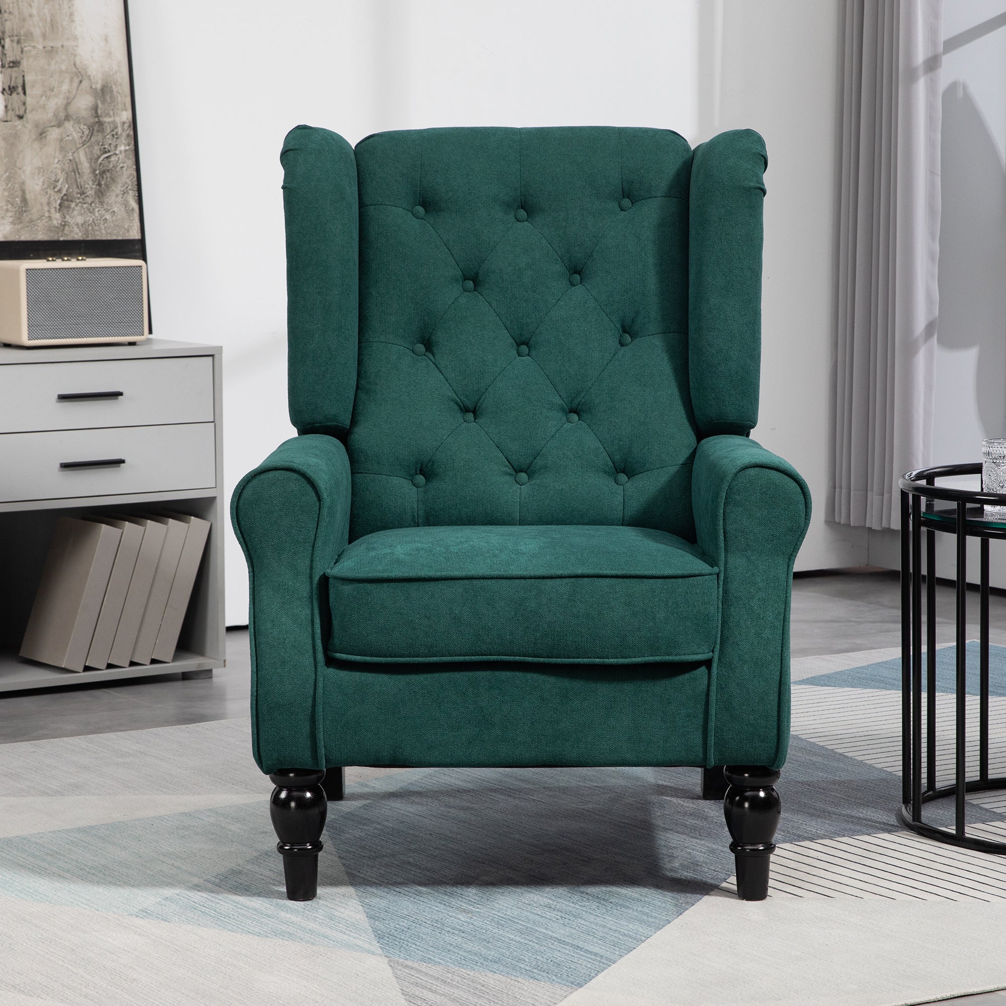 Button Tufted Dark Green Accent Chair with Wood Legs-DECOROLALA