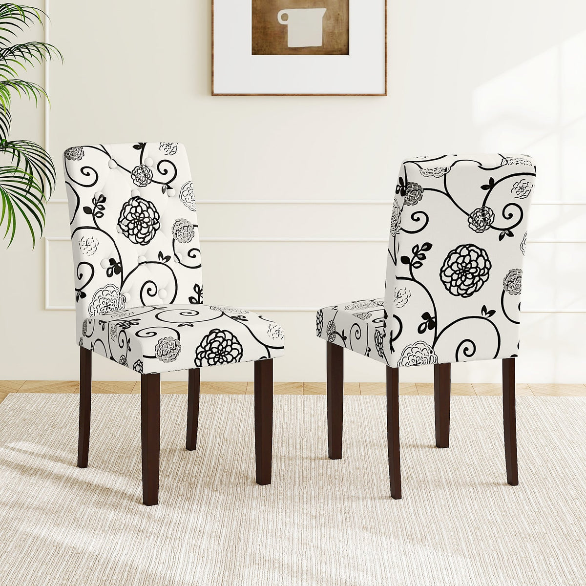 Button Tufted Fabric Upholstered Wooden Dining Chair Set of 2 with High Curved Back-Beige-Dining Chairs-DECOROLALA