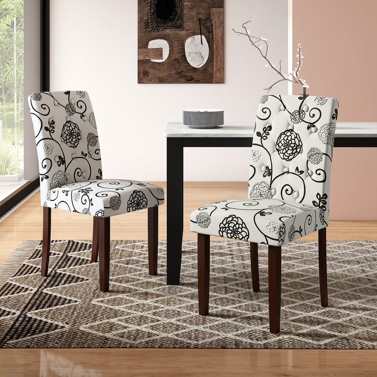 Button Tufted Fabric Upholstered Wooden Dining Chair Set of 2 with High Curved Back-Beige-Dining Chairs-DECOROLALA