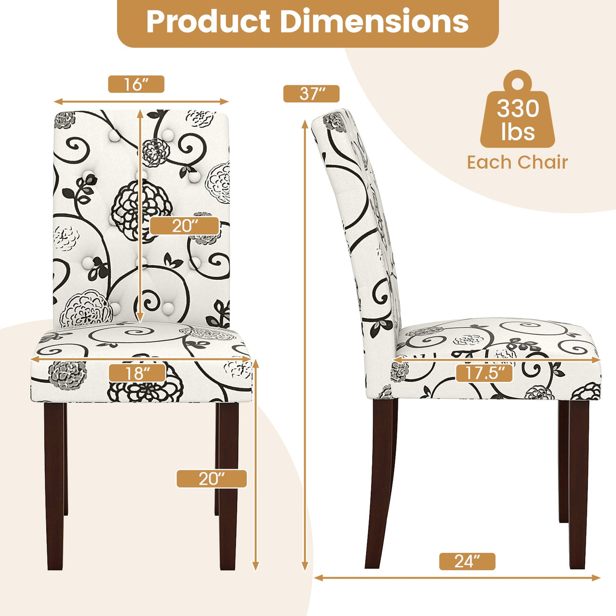 Button Tufted Fabric Upholstered Wooden Dining Chair Set of 2 with High Curved Back-Beige-Dining Chairs-DECOROLALA