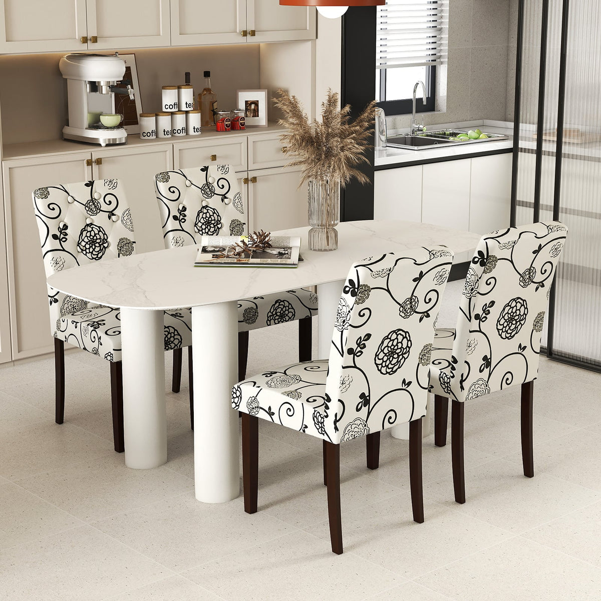 Button Tufted Fabric Upholstered Wooden Dining Chair Set of 2 with High Curved Back-Beige-Dining Chairs-DECOROLALA