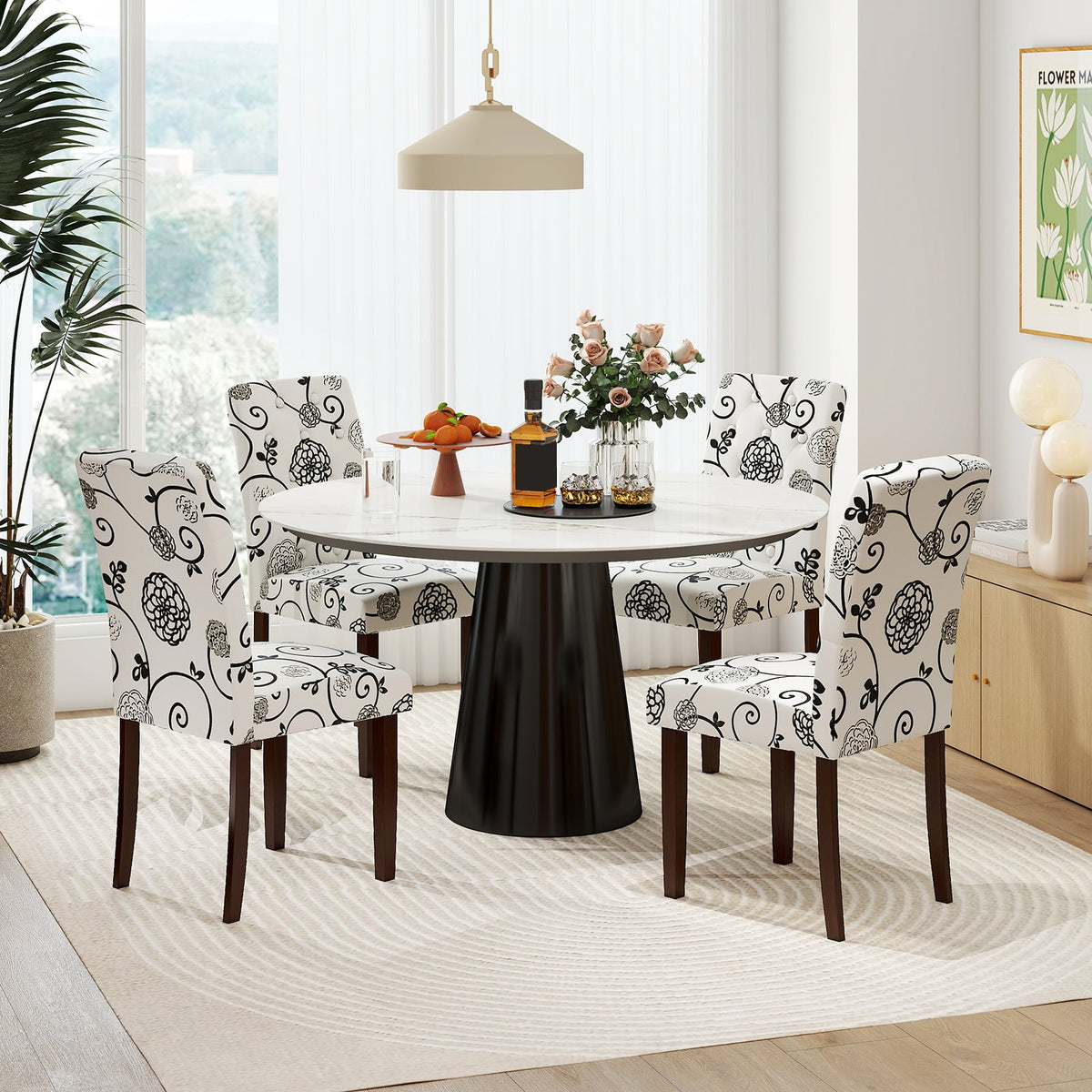Button Tufted Fabric Upholstered Wooden Dining Chair Set of 2 with High Curved Back-Beige-Dining Chairs-DECOROLALA