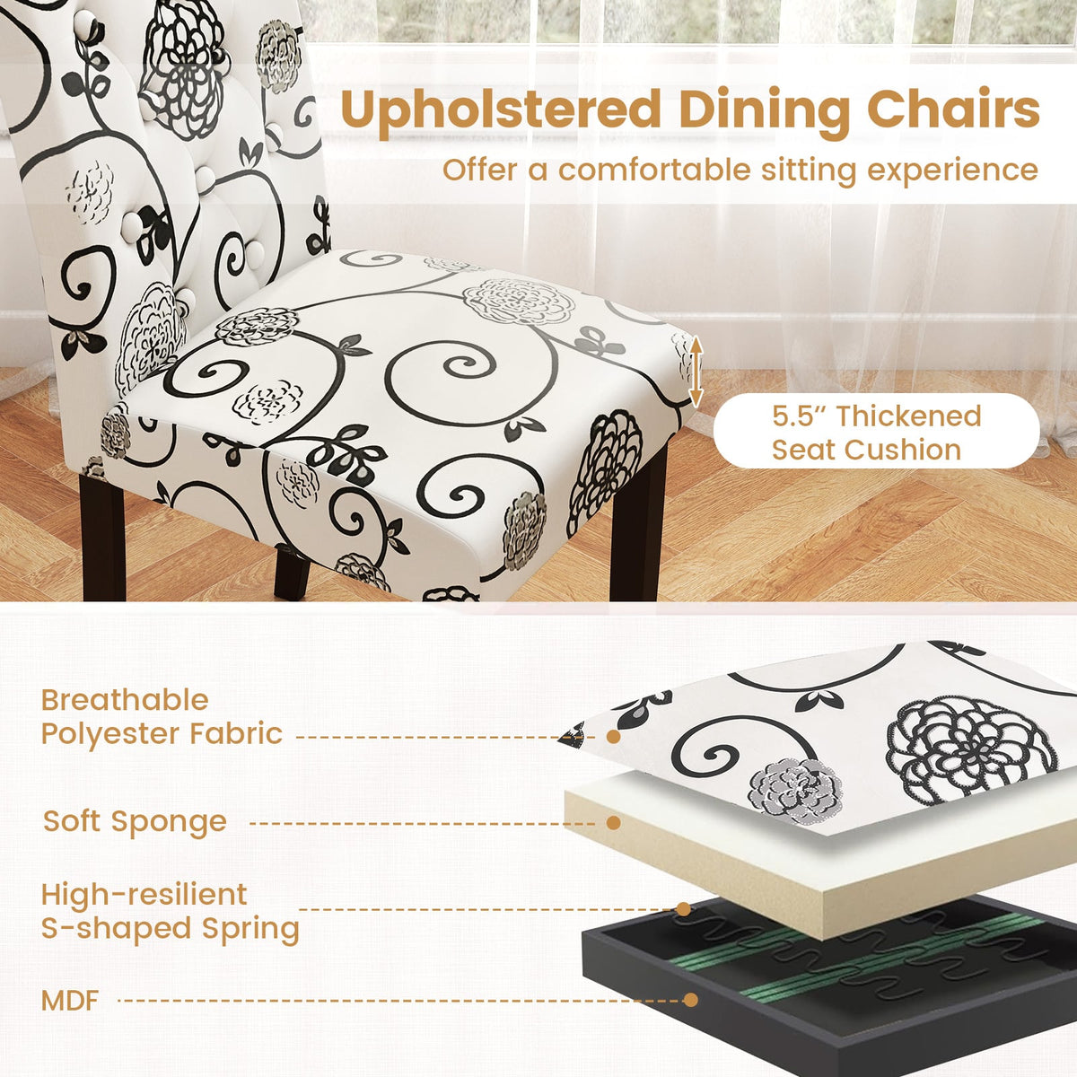 Button Tufted Fabric Upholstered Wooden Dining Chair Set of 2 with High Curved Back-Beige-Dining Chairs-DECOROLALA